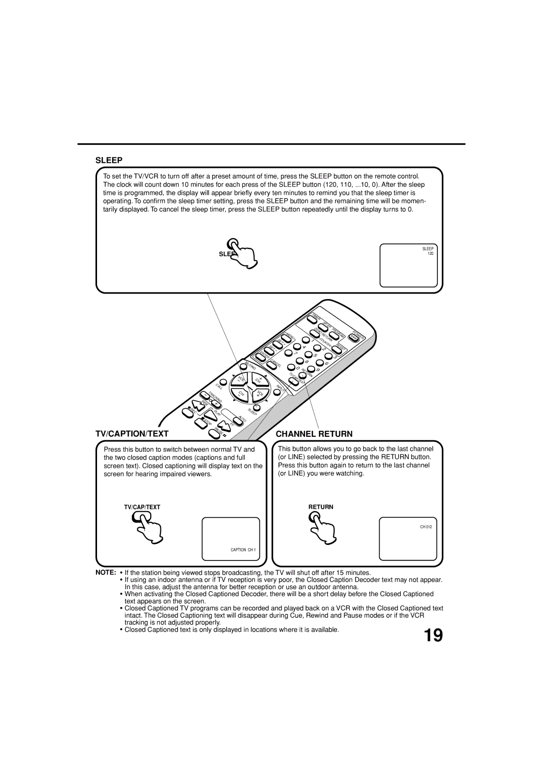 JVC TV-13143W manual Sleep, Tv/Caption/Text, Channel Return, TV/CAP/TEXT Return 