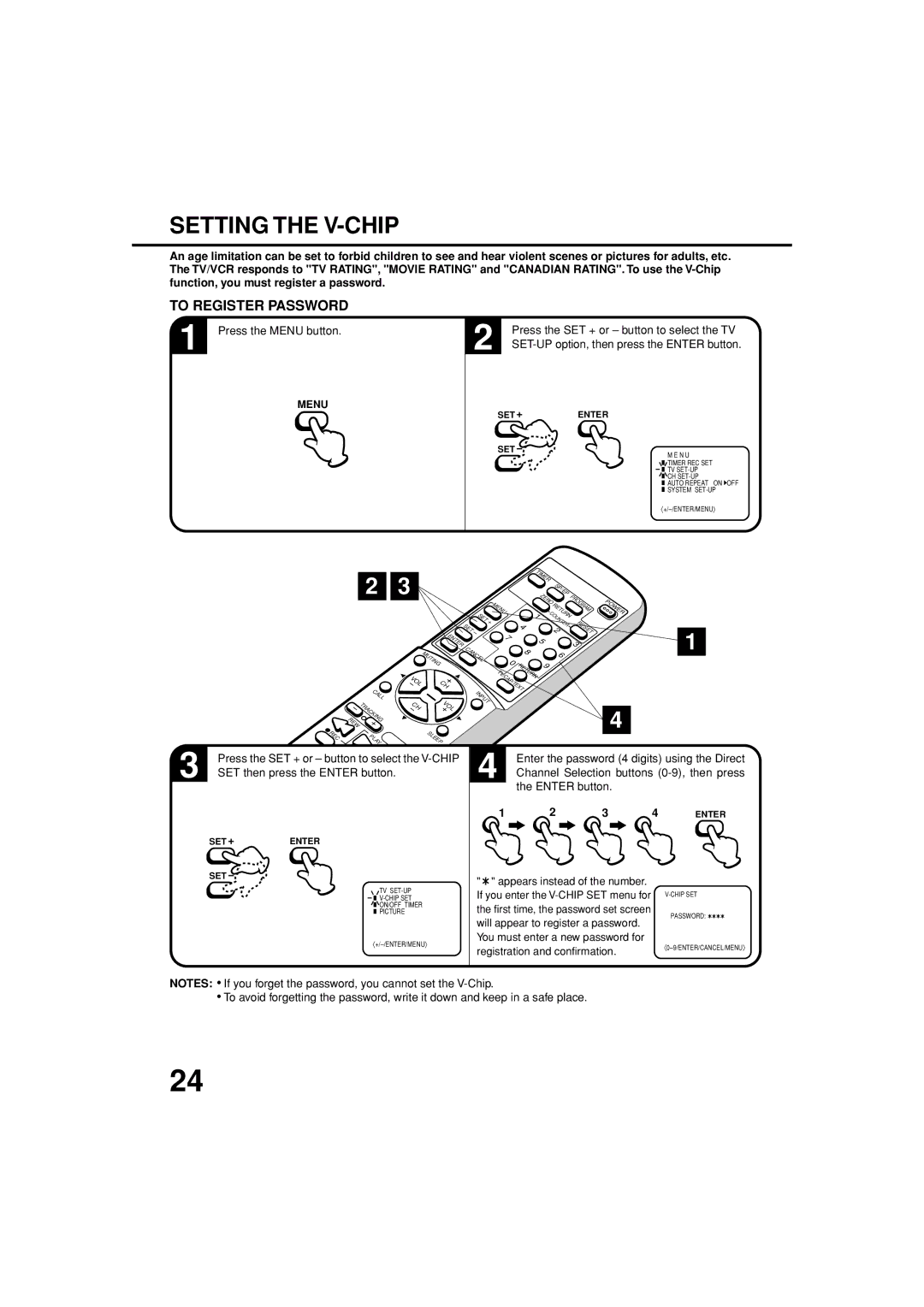 JVC TV-13143W manual Setting the V-CHIP, To Register Password, SET then press the Enter button 