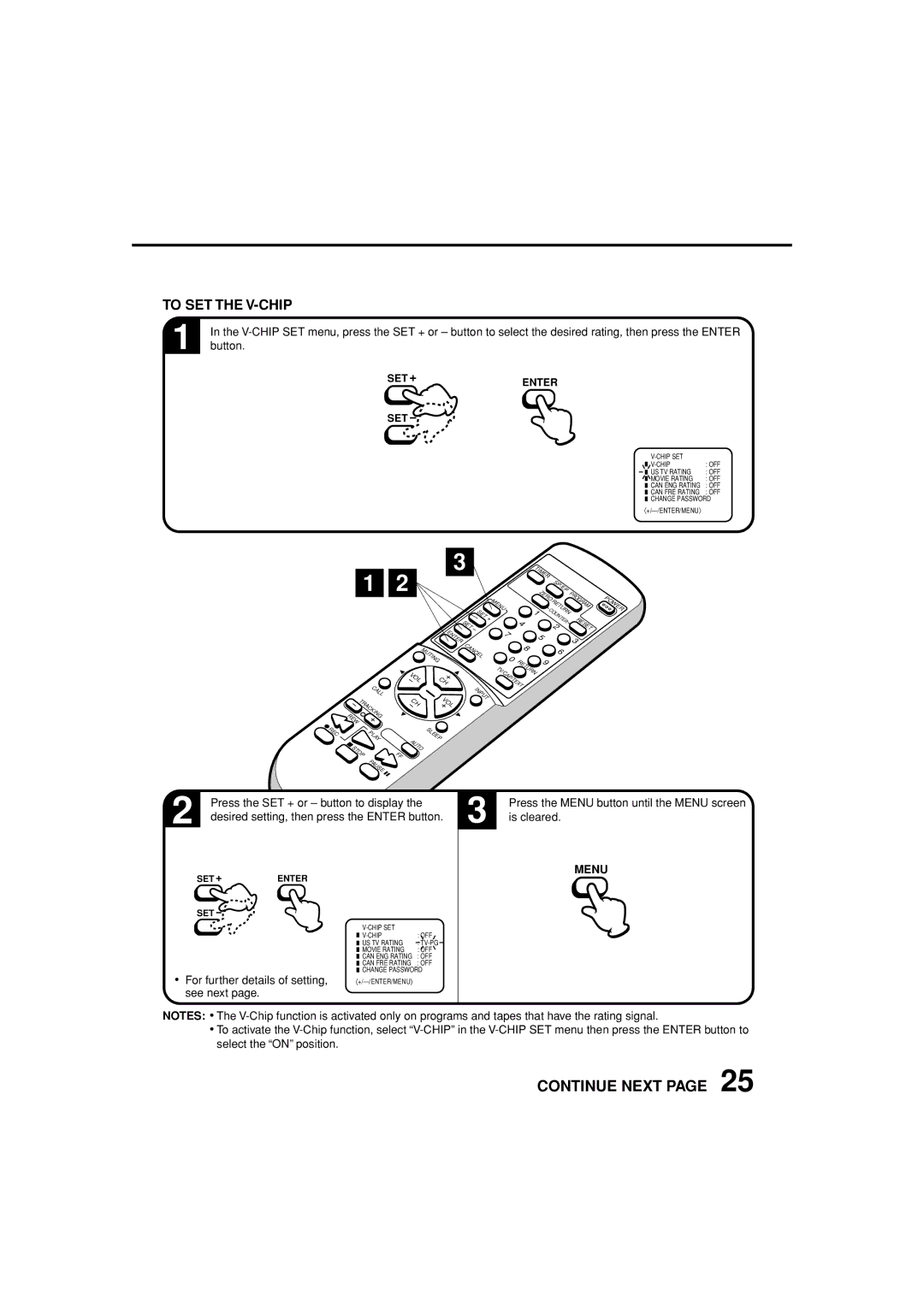 JVC TV-13143W manual To SET the V-CHIP, Menu 