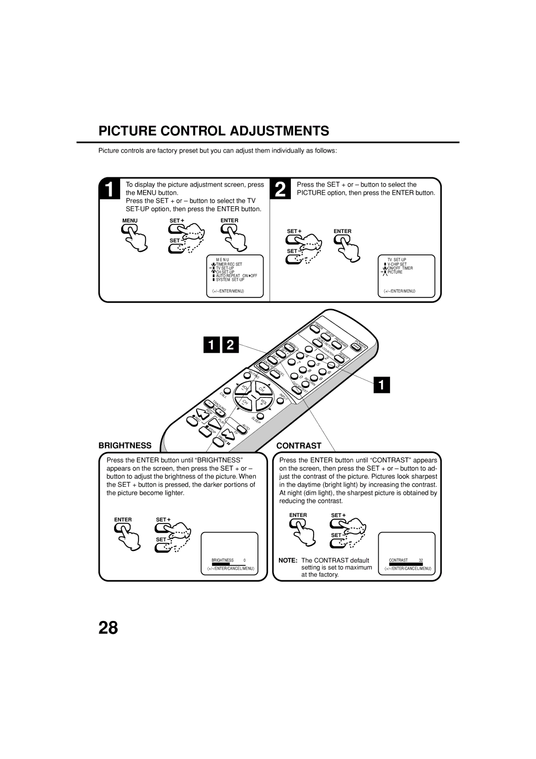 JVC TV-13143W manual Picture Control Adjustments, Brightness, Contrast, Press the SET + or button to select 