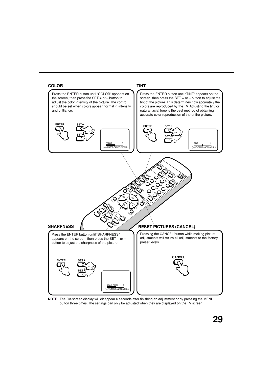 JVC TV-13143W manual Color Tint, Sharpness, Reset Pictures Cancel 
