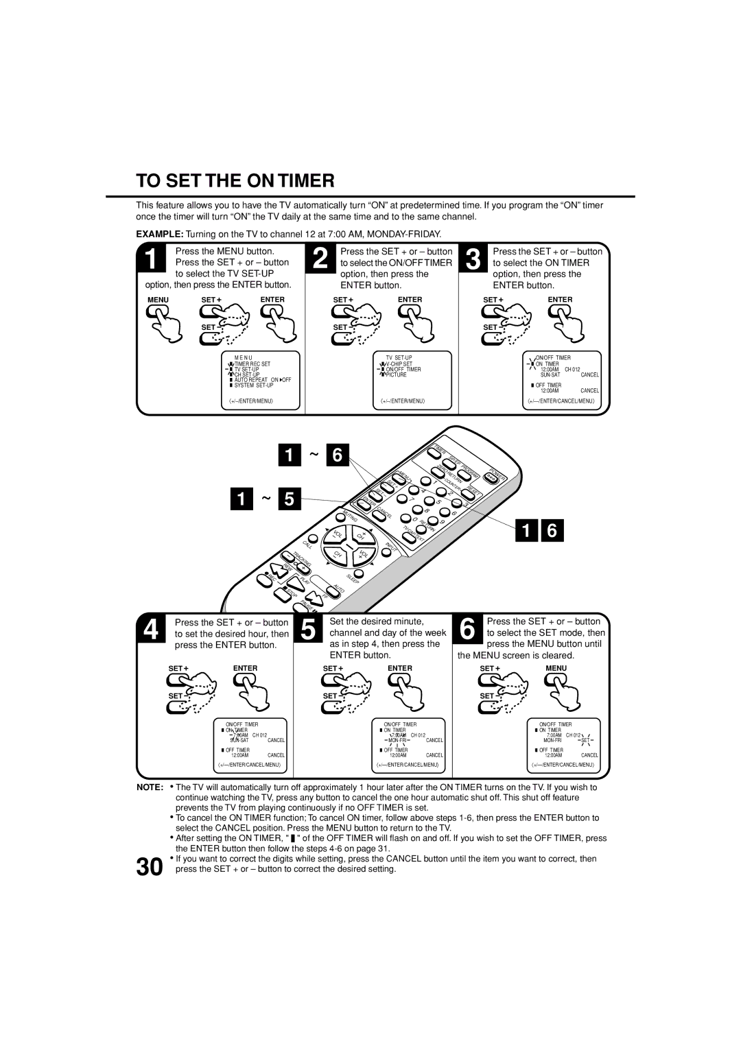 JVC TV-13143W manual To SET the on Timer, Set the desired minute, As in , then press 