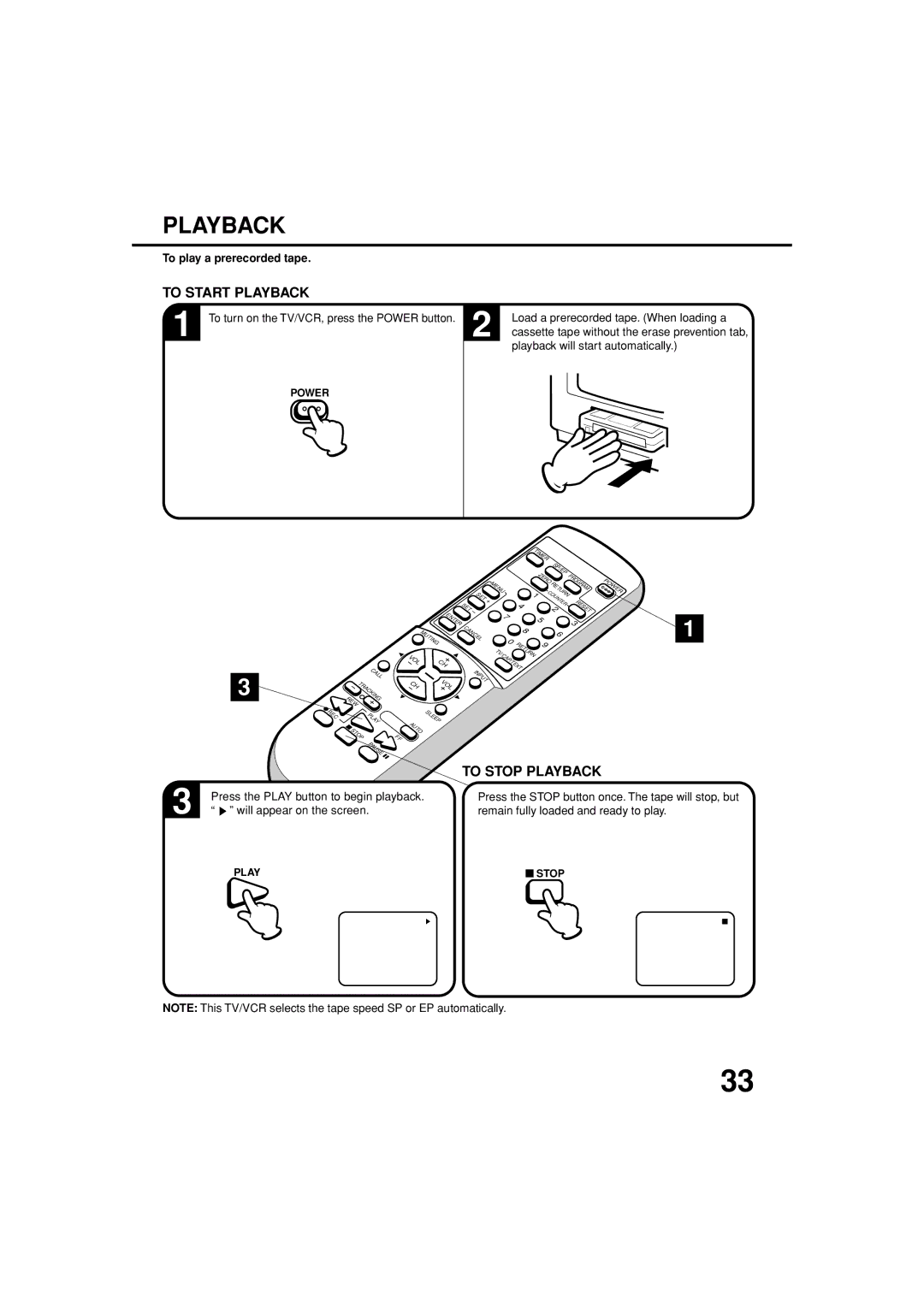 JVC TV-13143W manual To Start Playback, To Stop Playback, To play a prerecorded tape 