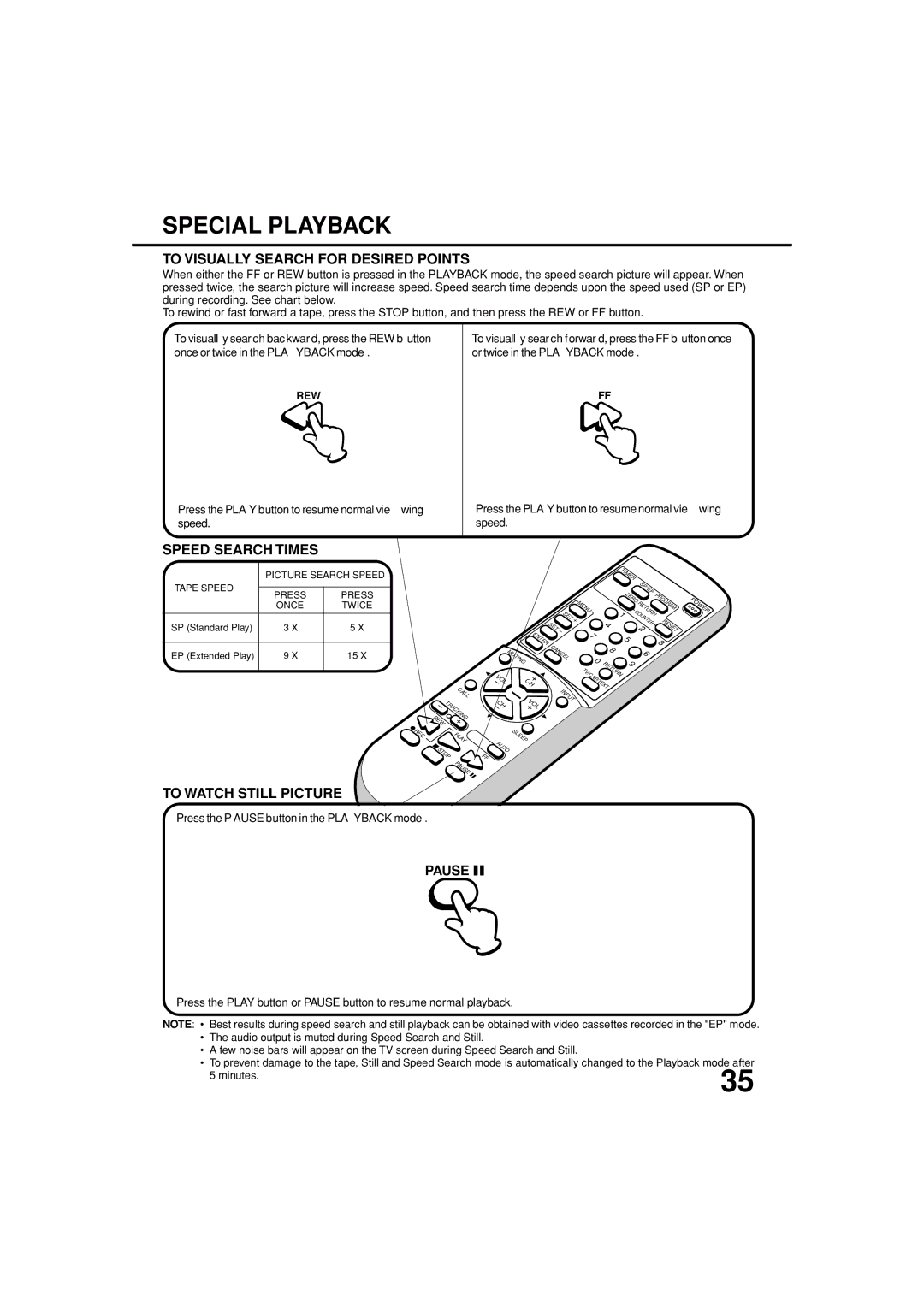 JVC TV-13143W Special Playback, To Visually Search for Desired Points, Speed Search Times, To Watch Still Picture, Pause 