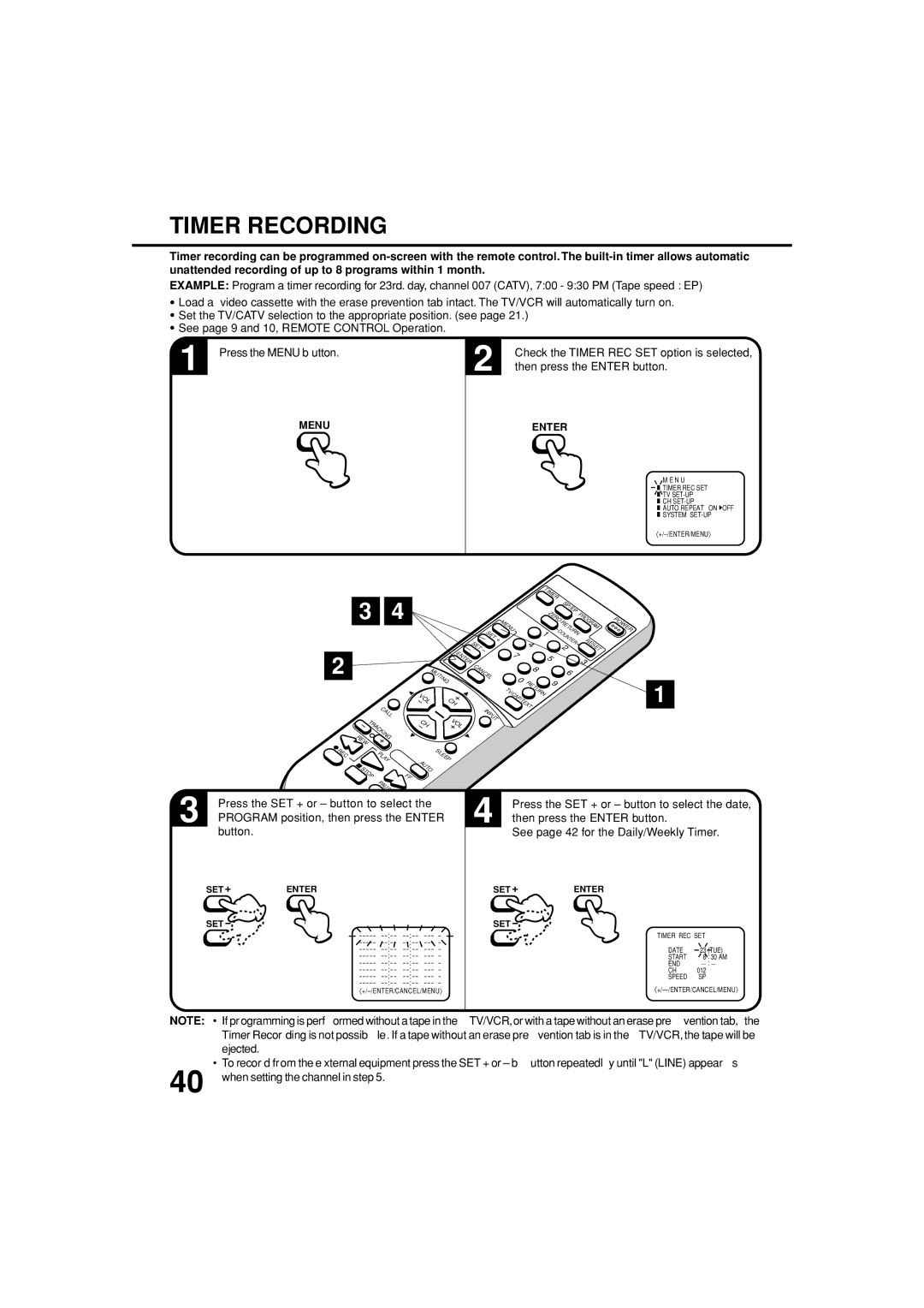 JVC TV-13143W manual Timer Recording, See page 42 for the Daily/Weekly Timer, Ejected, When setting the channel in step 