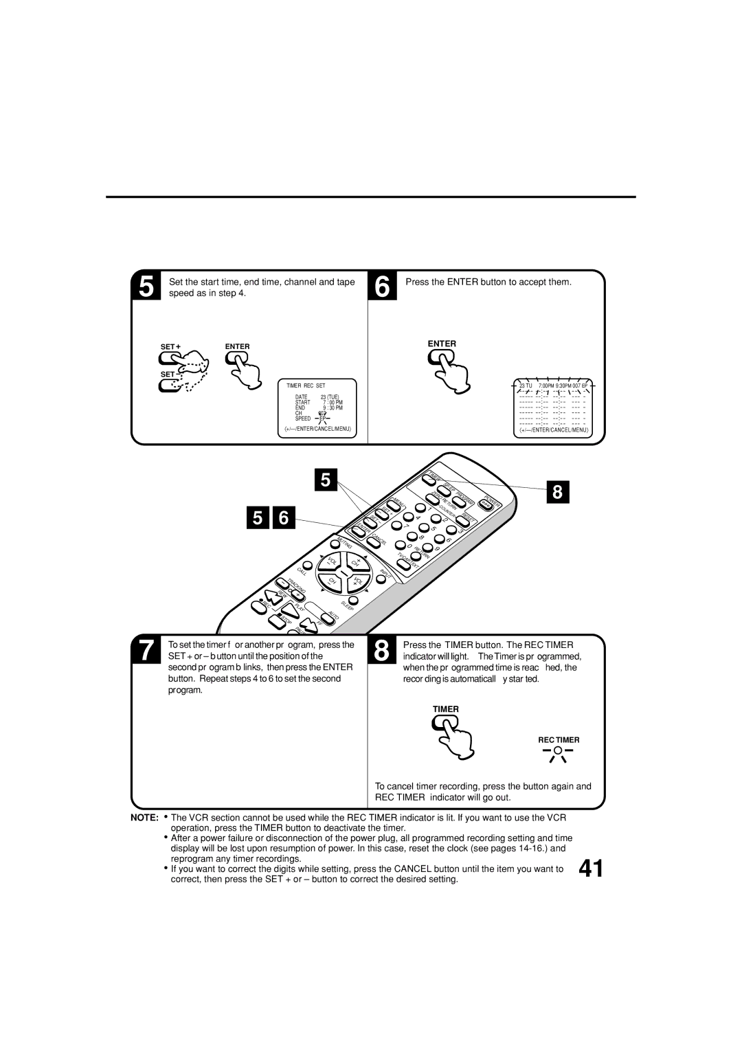 JVC TV-13143W manual Speed as in step, Press the Enter button to accept them, Press the Timer button. The REC Timer 