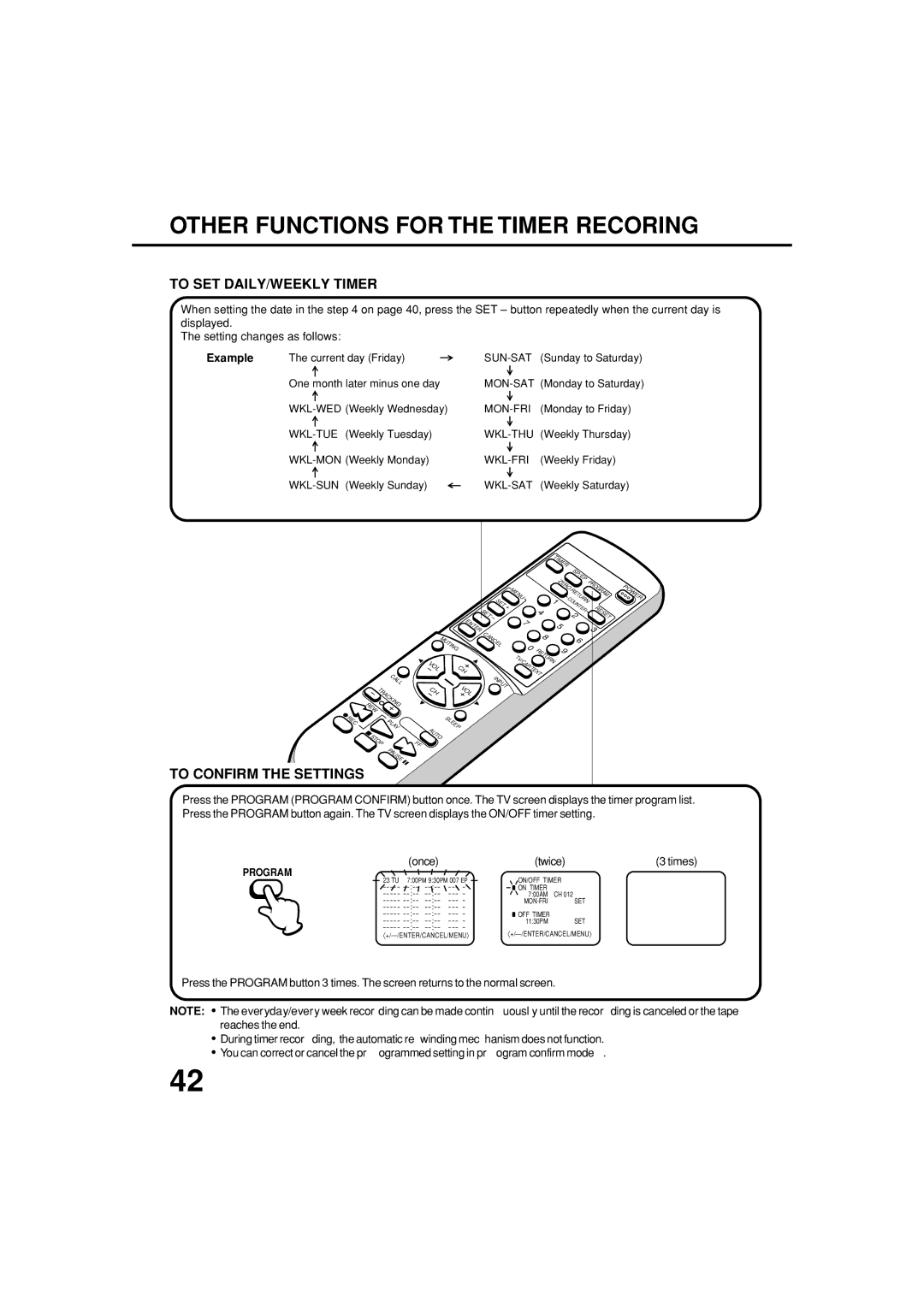 JVC TV-13143 manual Other Functions for the Timer Recoring, To SET DAILY/WEEKLY Timer, To Confirm the Settings, Example 