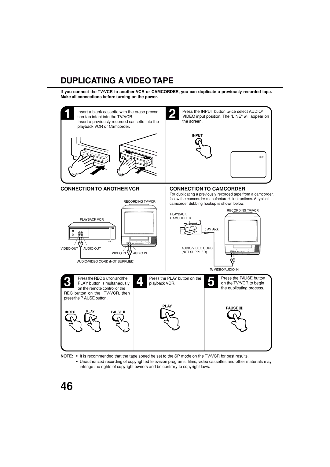 JVC TV-13143W manual Duplicating a Video Tape, Connection to Another VCR, Connection to Camcorder 