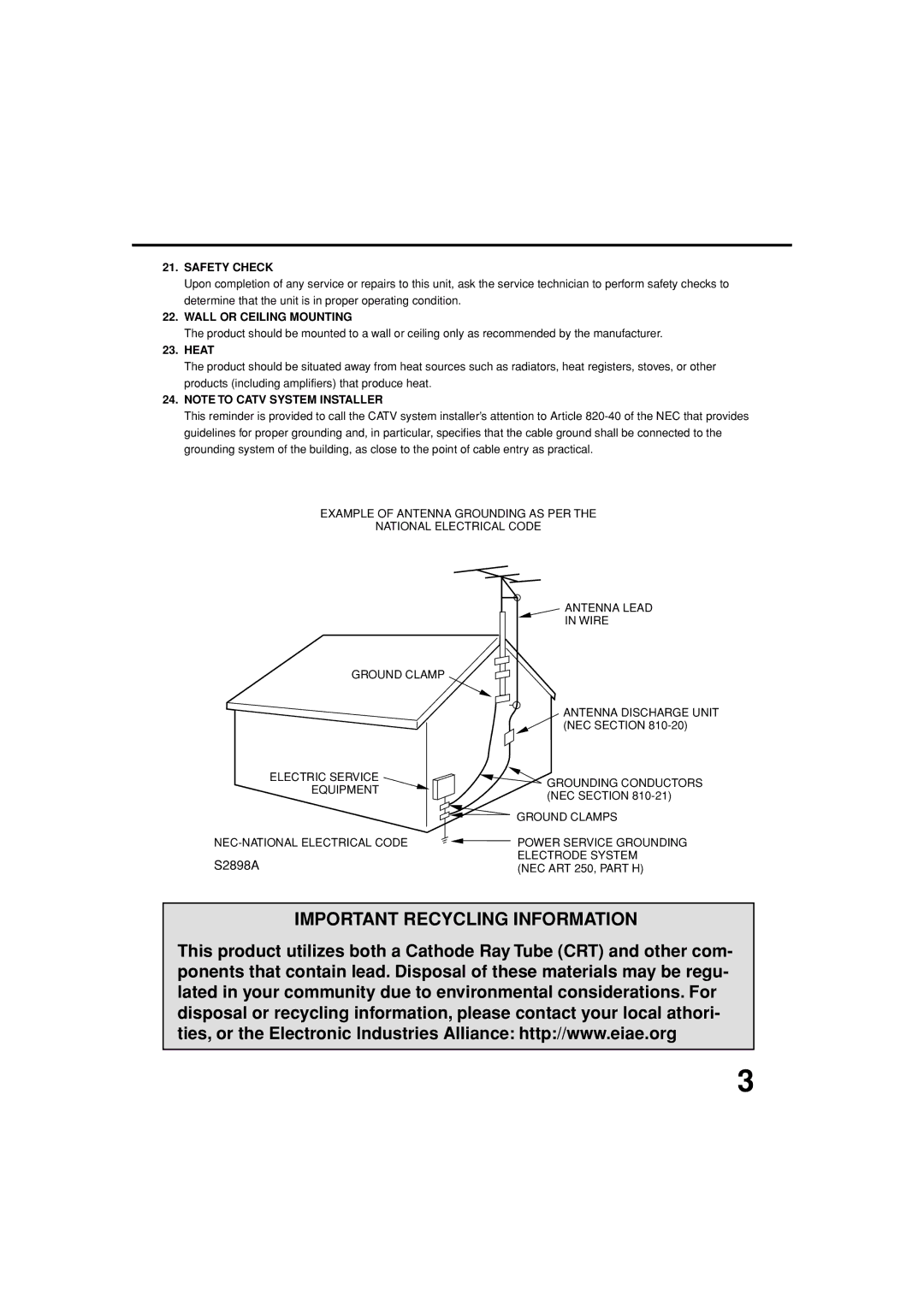 JVC TV-13143W manual Safety Check, Wall or Ceiling Mounting, Heat, NEC Section 