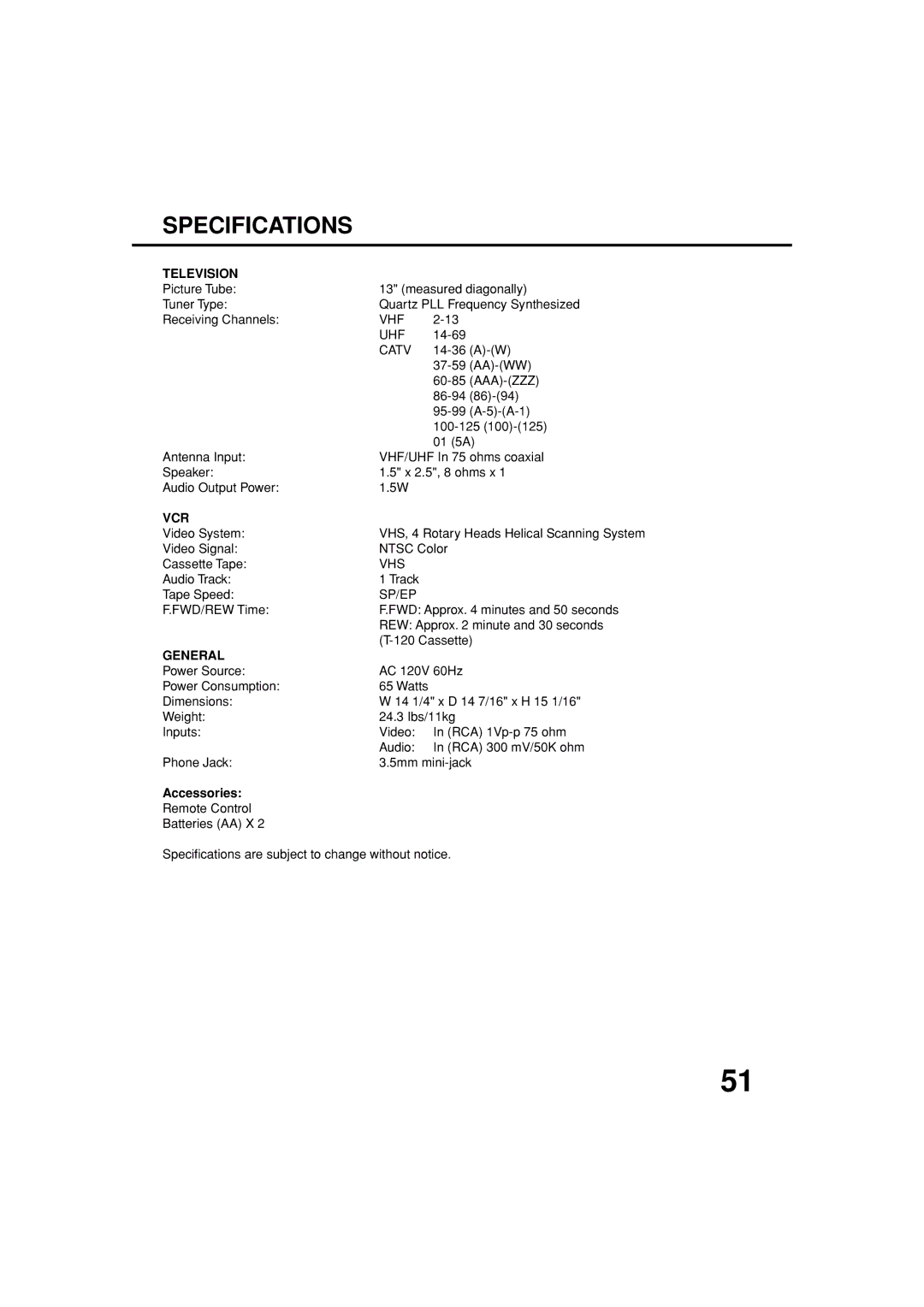 JVC TV-13143W manual Specifications, Television 