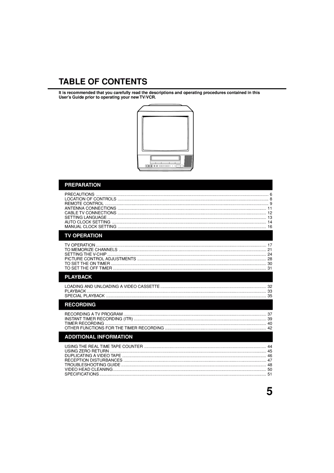 JVC TV-13143W manual Table of Contents 