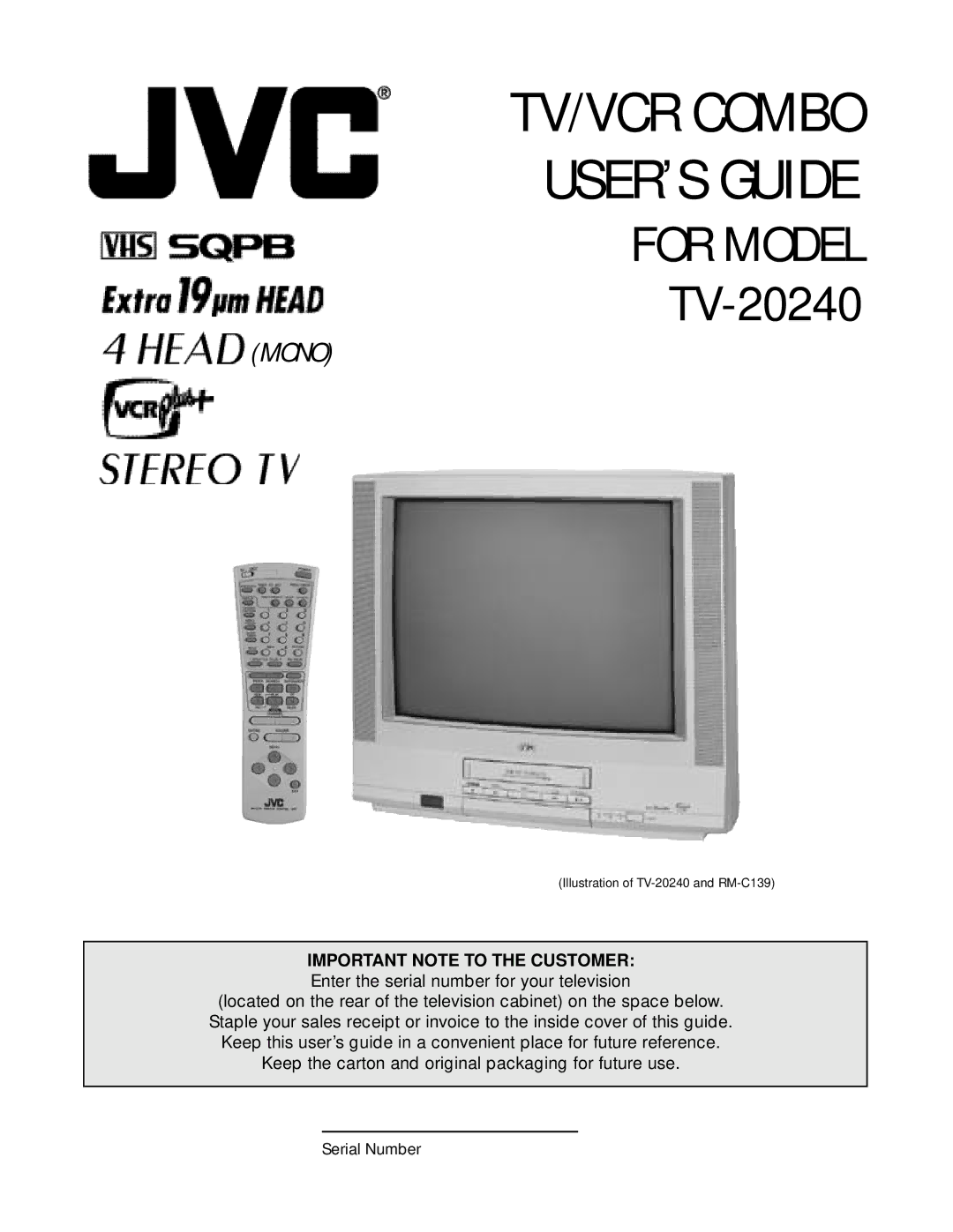 JVC TV 20240 manual TV/VCR Combo USER’S Guide, Important Note to the Customer 