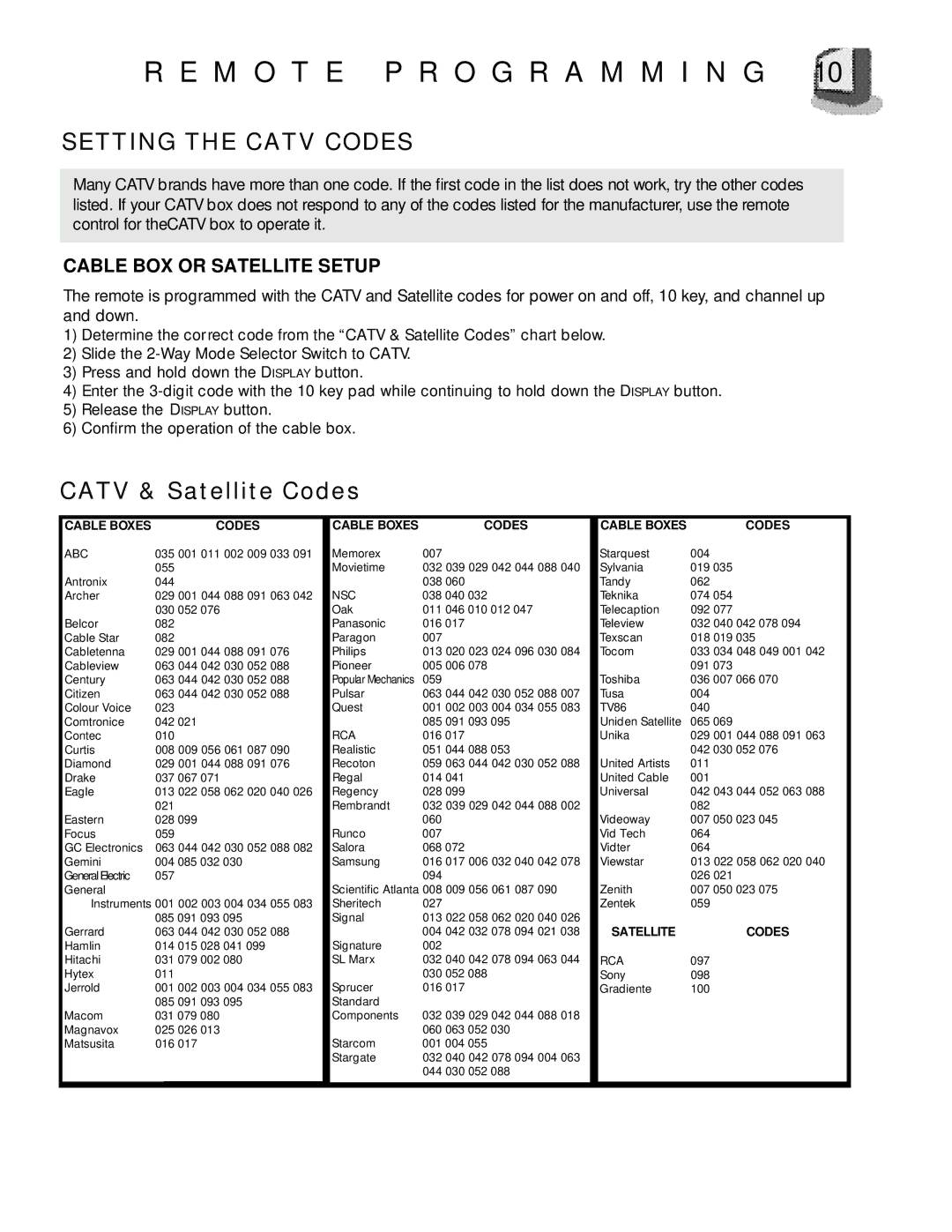 JVC TV 20240 manual M O T E P R O G R a M M I N G, Setting the Catv Codes 