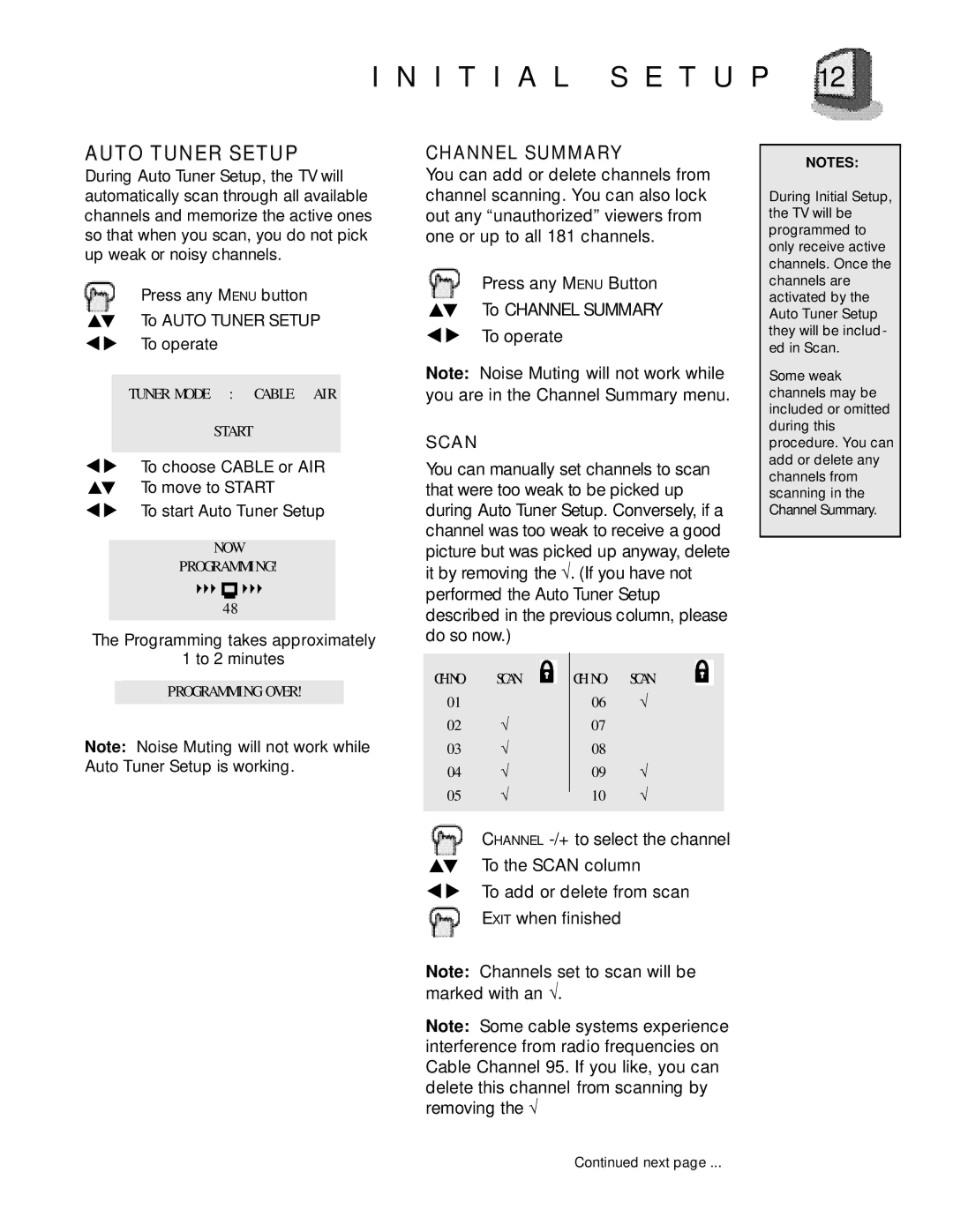 JVC TV 20240 manual I T I a L S E T U P, Auto Tuner Setup, Channel Summary 