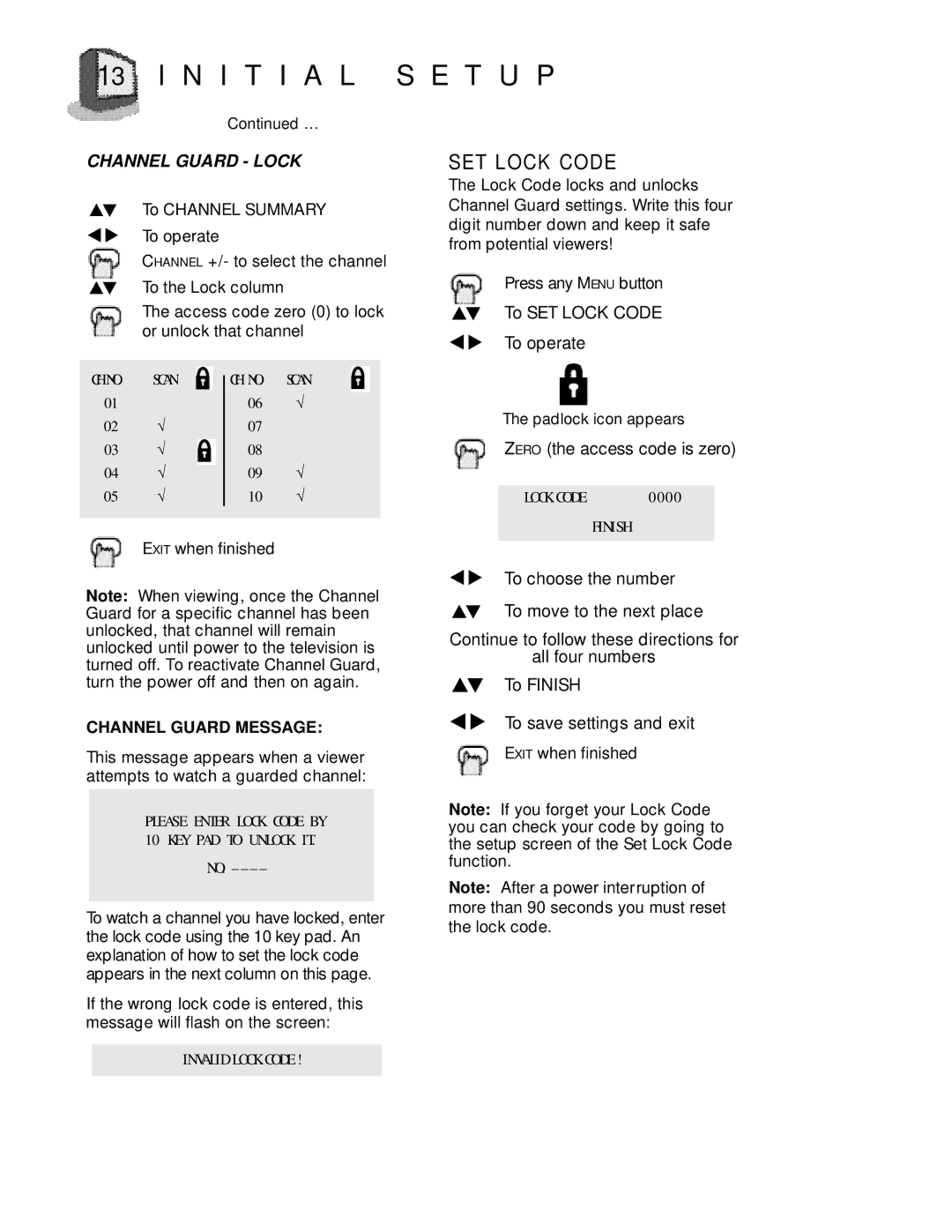 JVC TV 20240 manual N I T I a L S E T U P, SET Lock Code 