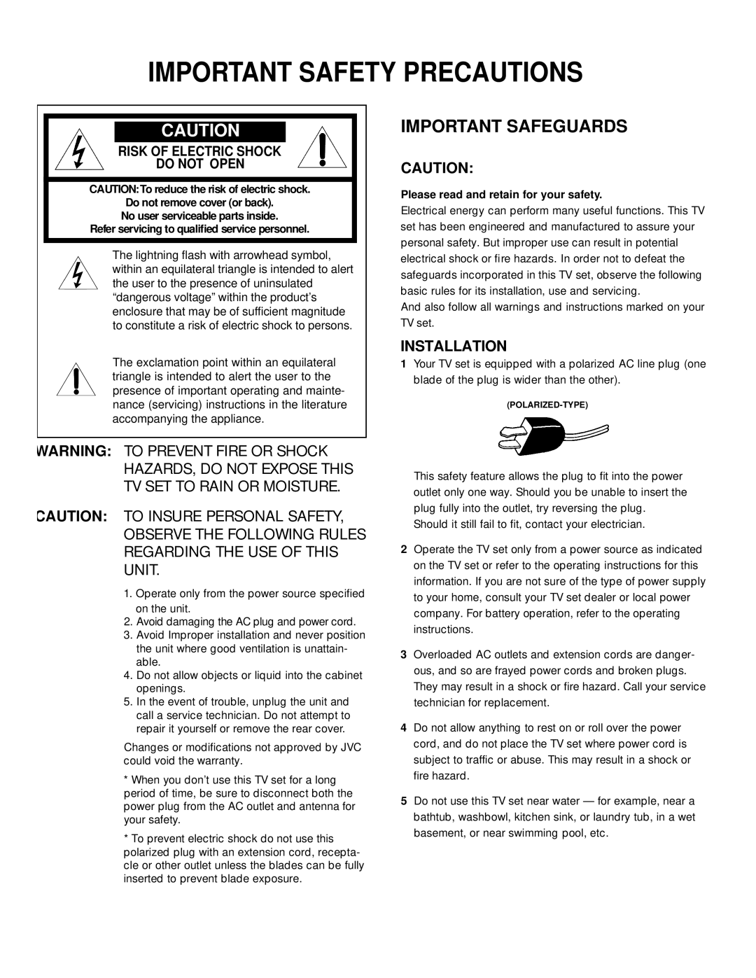 JVC TV 20240 manual Important Safety Precautions, Risk of Electric Shock Do not Open 