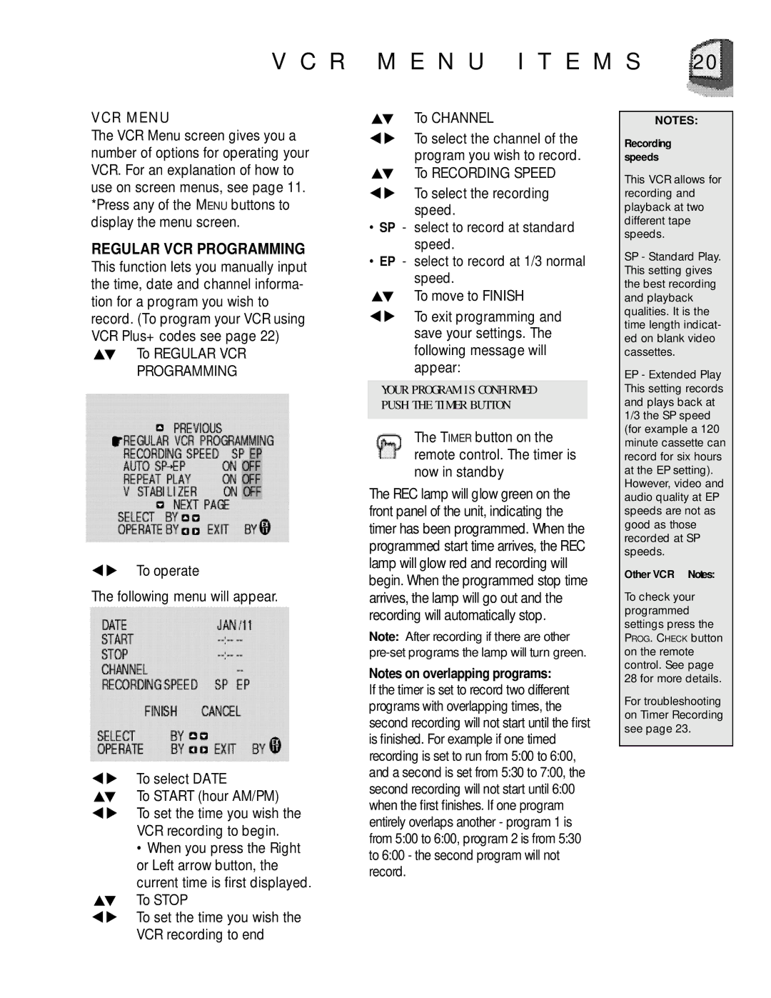 JVC TV 20240 manual R M E N U I T E M S, VCR Menu 