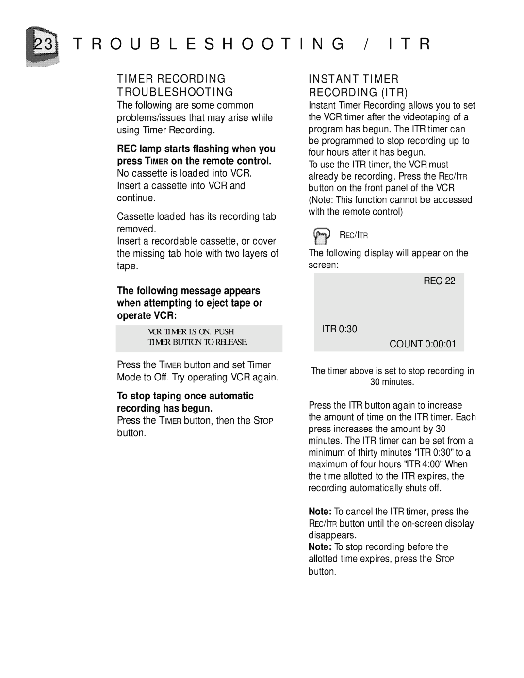 JVC TV 20240 manual Troubleshooting / I T R, Timer Recording Troubleshooting, Instant Timer Recording ITR 