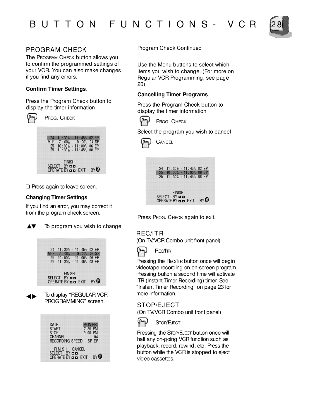 JVC TV 20240 manual Program Check, Rec/Itr, Stop/Eject 