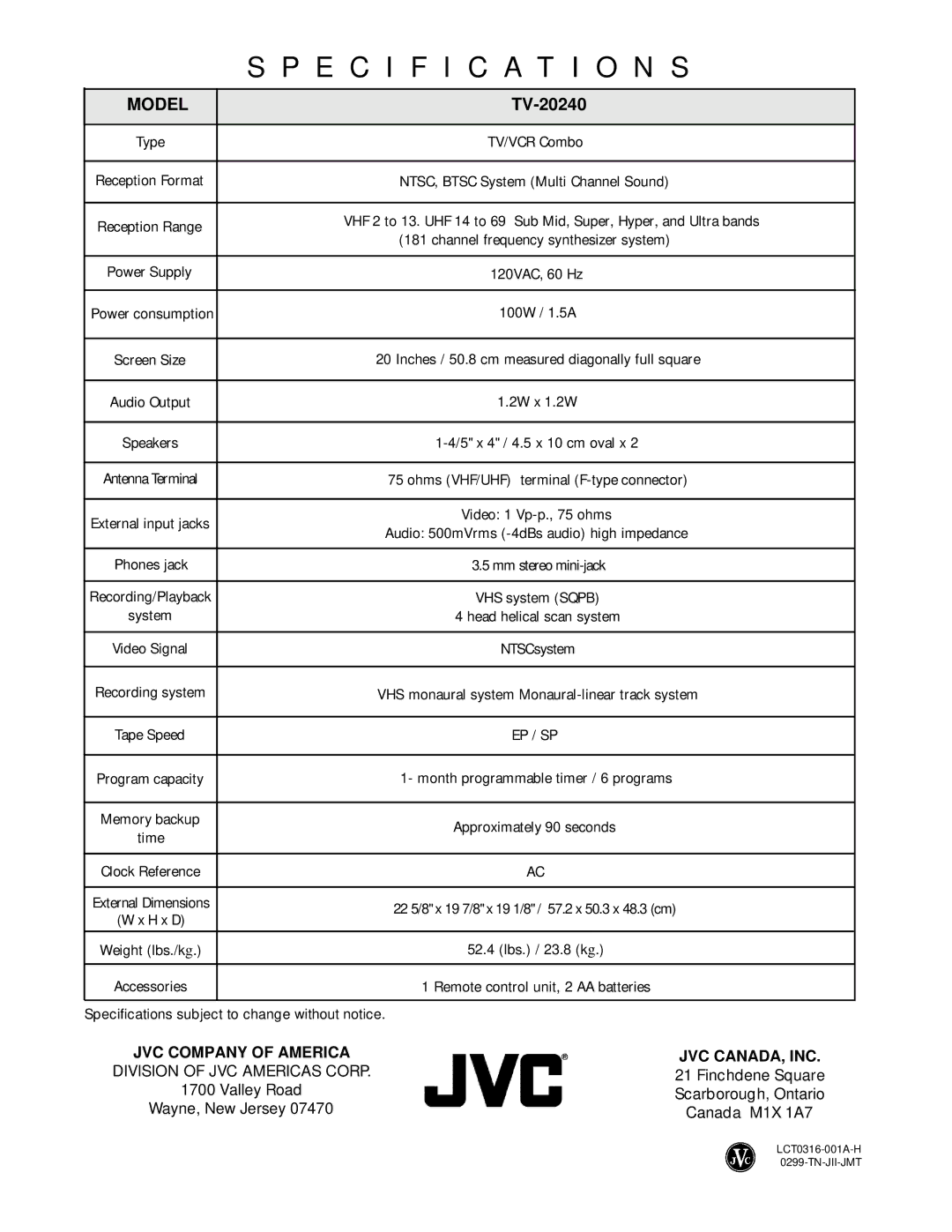 JVC TV 20240 manual Specification S, Model 