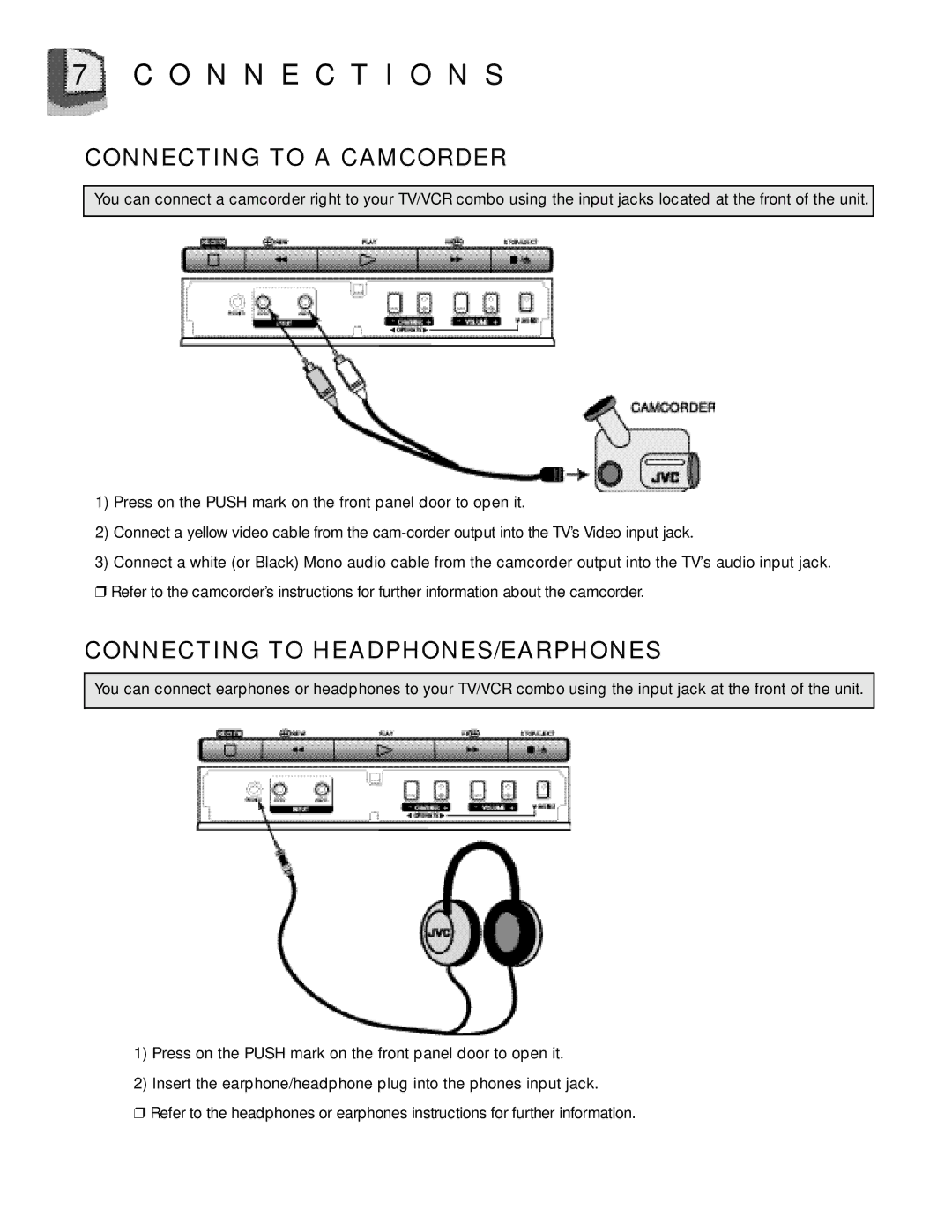 JVC TV 20240 manual Connecting to a Camcorder, Connecting to HEADPHONES/EARPHONES 