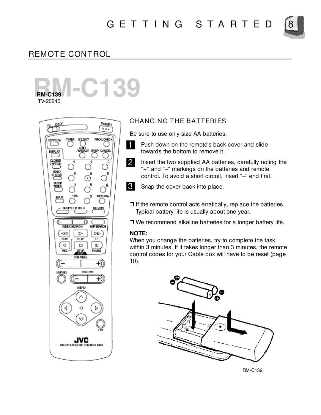 JVC TV 20240 manual T T I N G S T a R T E D, Remote Control, Changing the Batteries 