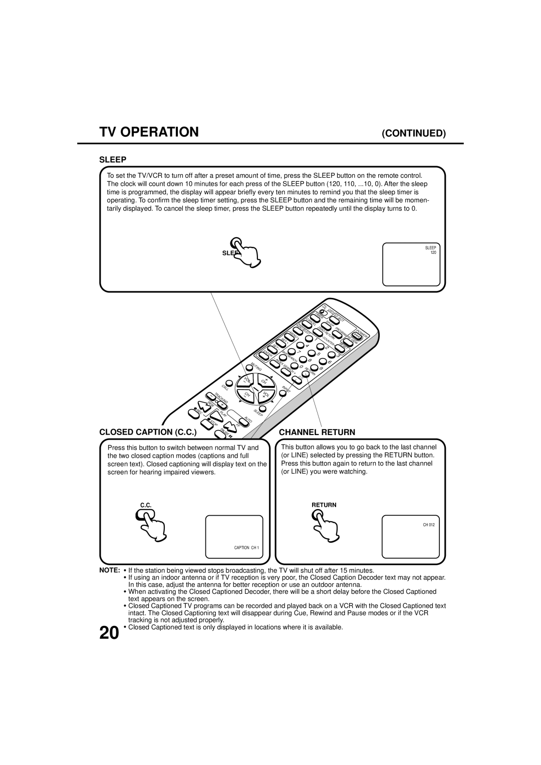 JVC TV-20F243 manual Sleep, Closed Caption C.C, Channel Return 