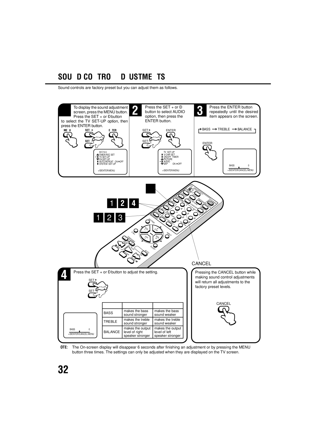 JVC TV-20F243 manual Sound Control Adjustments, Cancel, To select the TV SET-UP option, then press the Enter button 