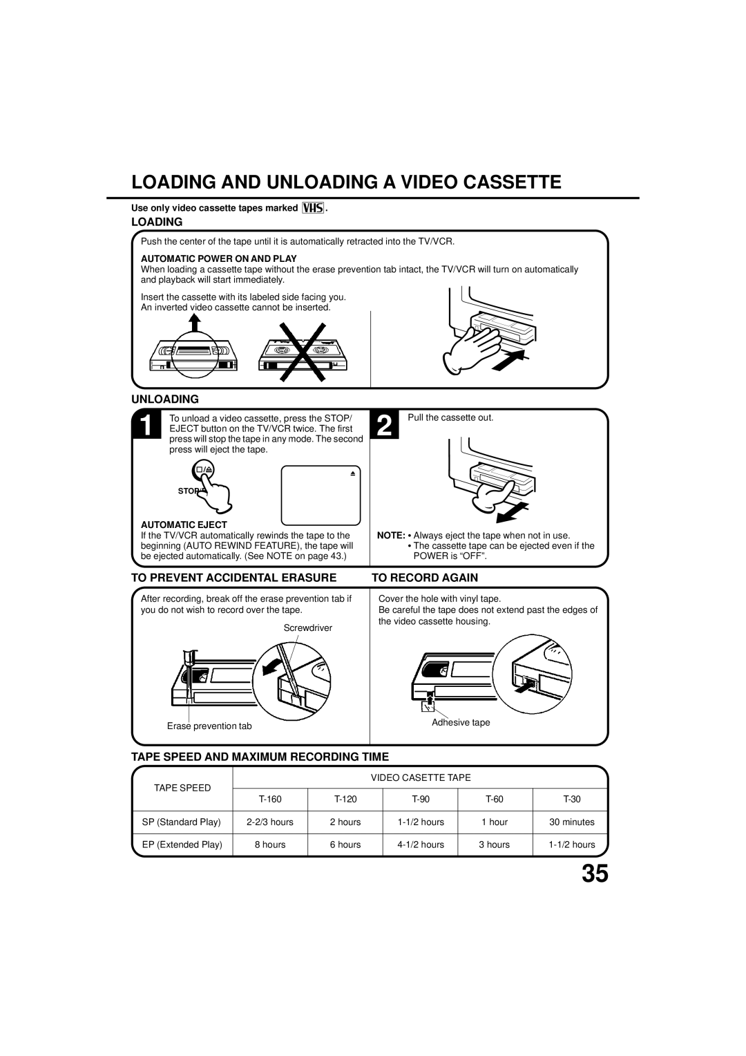 JVC TV-20F243 manual Loading and Unloading a Video Cassette 