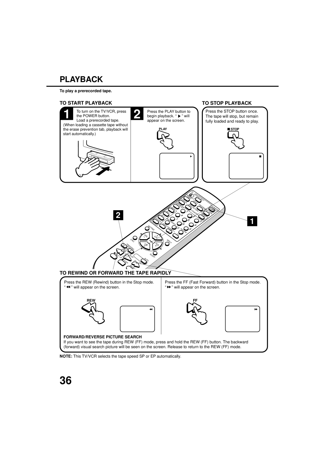 JVC TV-20F243 manual To Start Playback, To Stop Playback, To Rewind or Forward the Tape Rapidly 