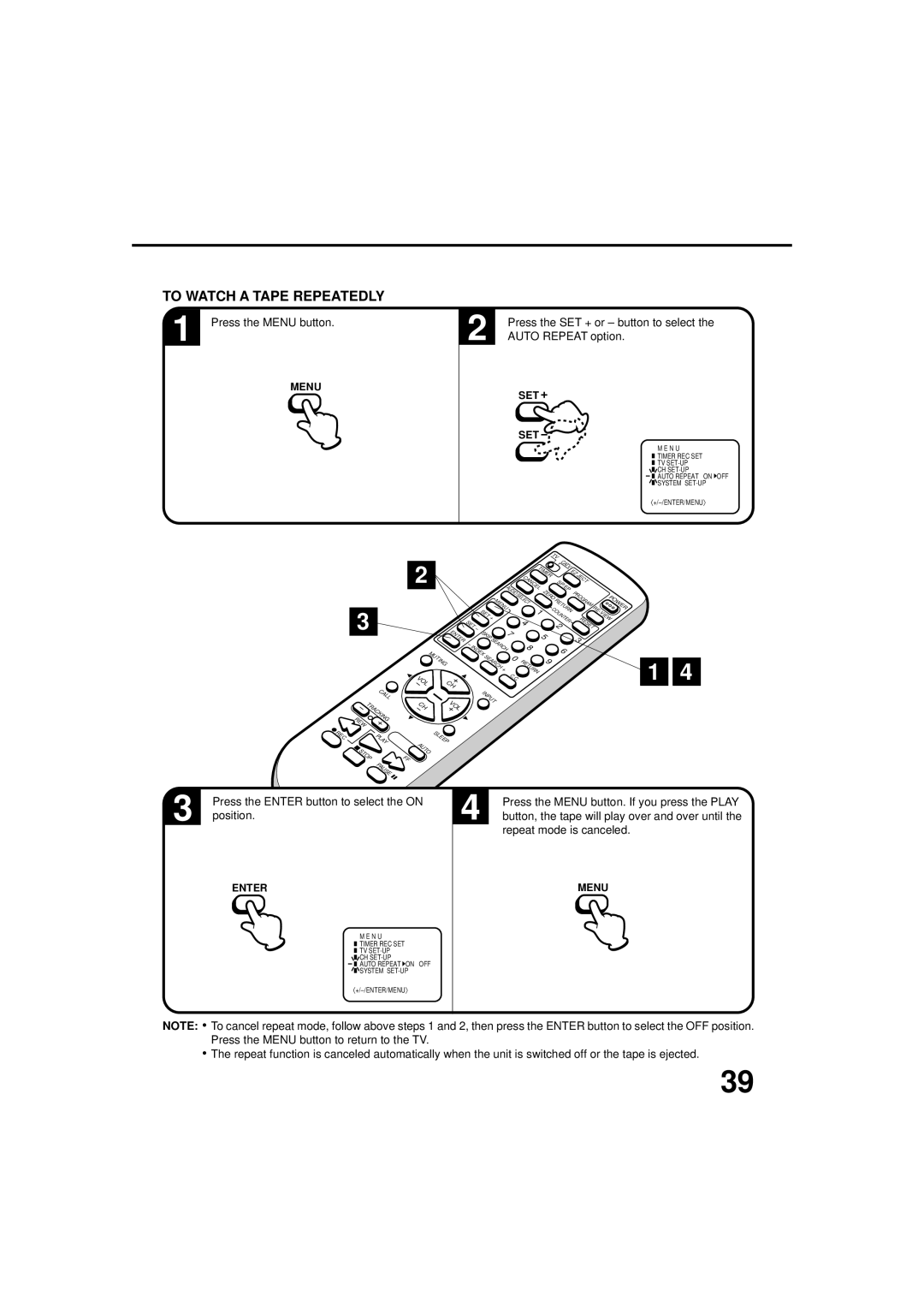 JVC TV-20F243 manual To Watch a Tape Repeatedly, Auto Repeat option, Position, Repeat mode is canceled 