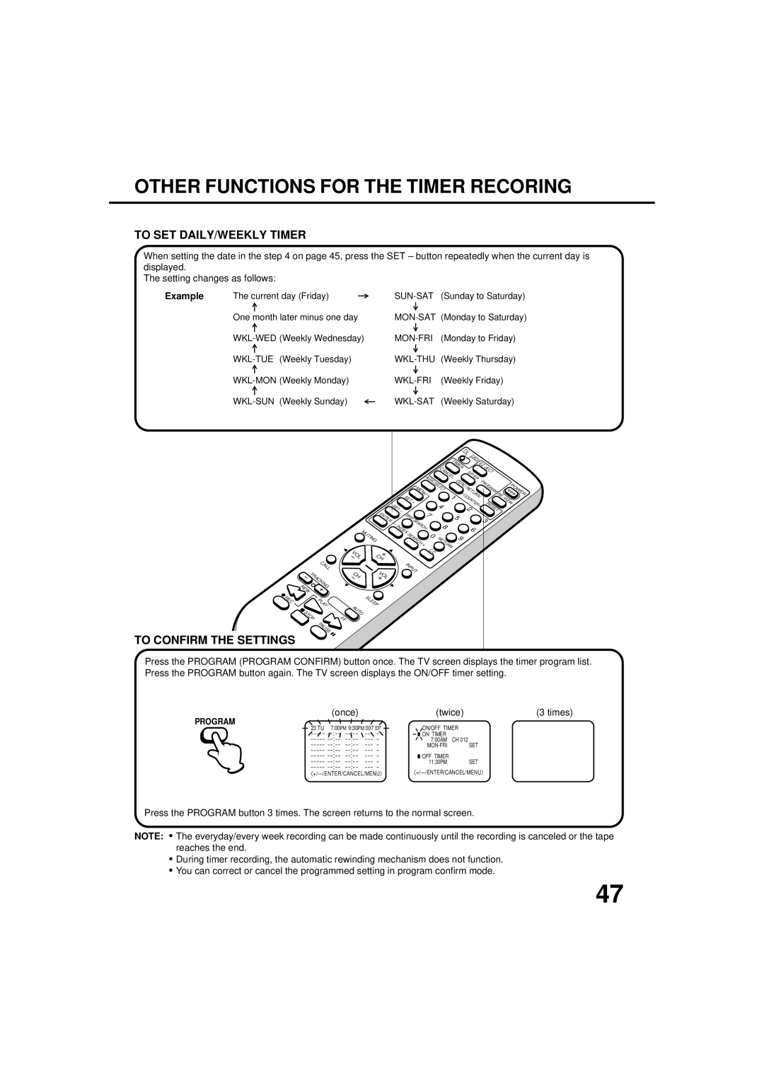 JVC TV-20F243 Other Functions for the Timer Recoring, To SET DAILY/WEEKLY Timer, To Confirm the Settings, Twice Times 