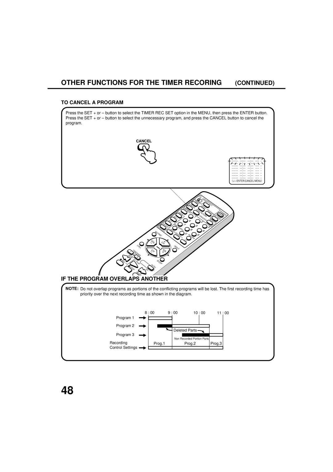 JVC TV-20F243 manual If the Program Overlaps Another, To Cancel a Program, 00 9 00 10 00 11 Program Deleted Parts 