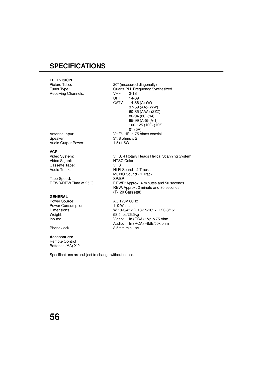 JVC TV-20F243 manual Specifications, Television, Vcr, General 