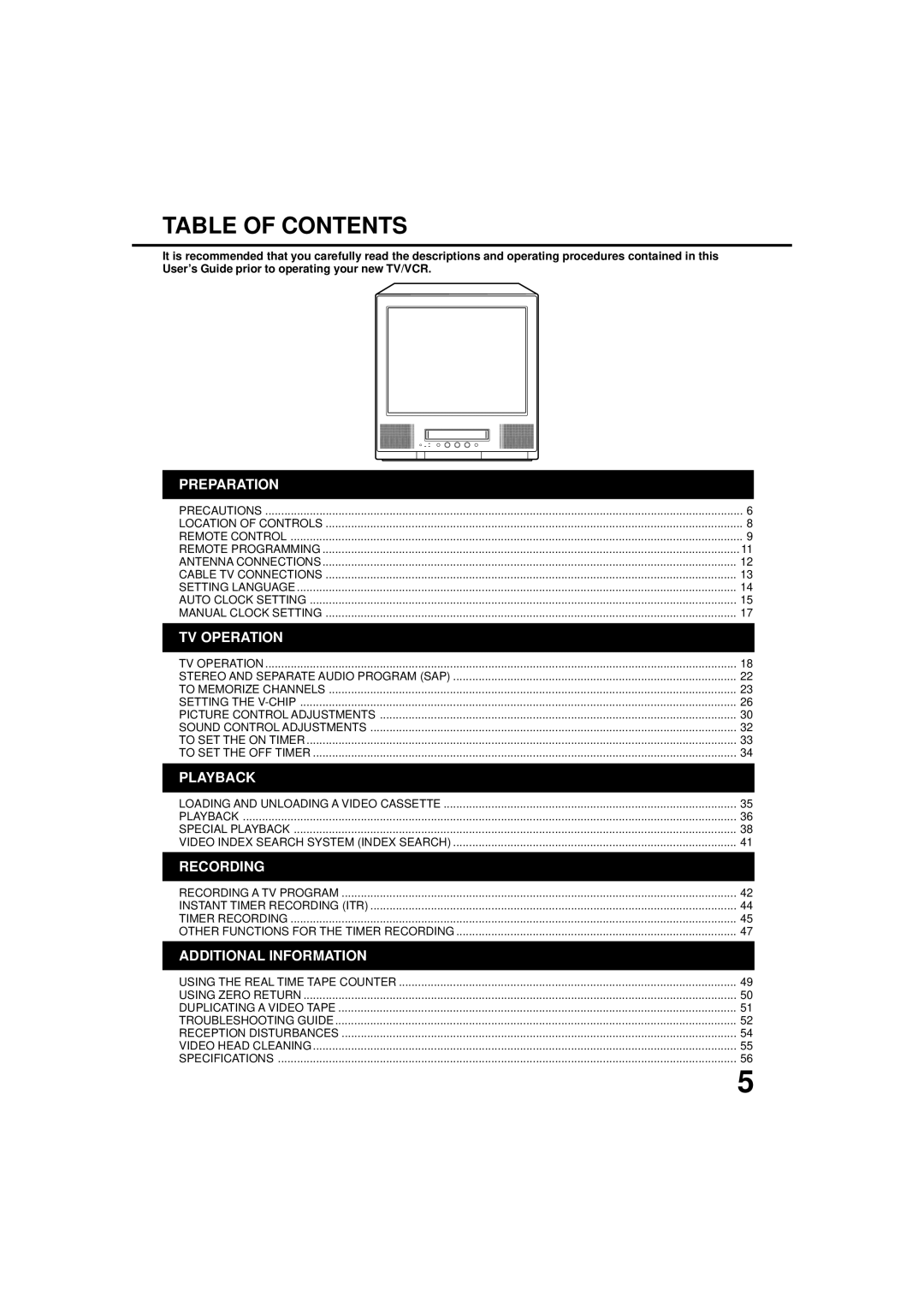 JVC TV-20F243 manual Table of Contents 