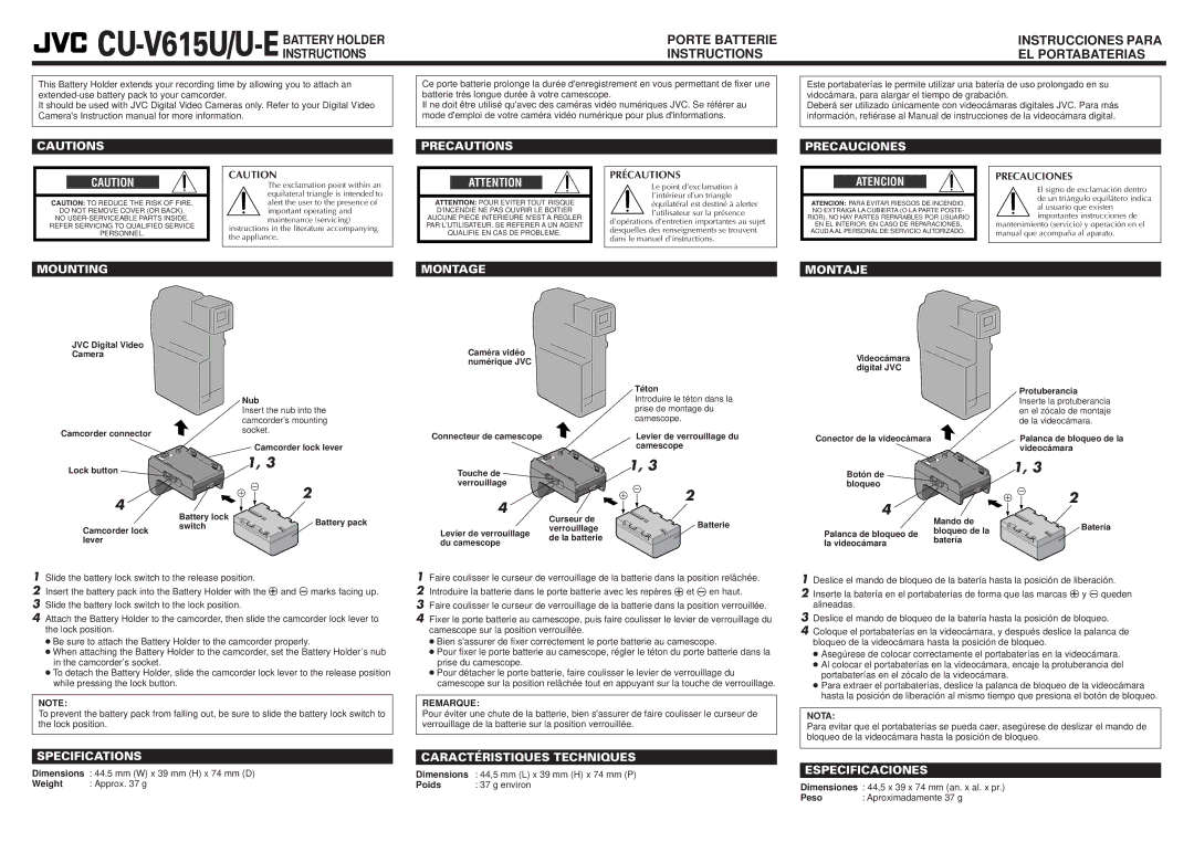 JVC CU-V615U, U-E specifications Precautions, Precauciones Atencion, Mounting Montage Montaje, Specifications 