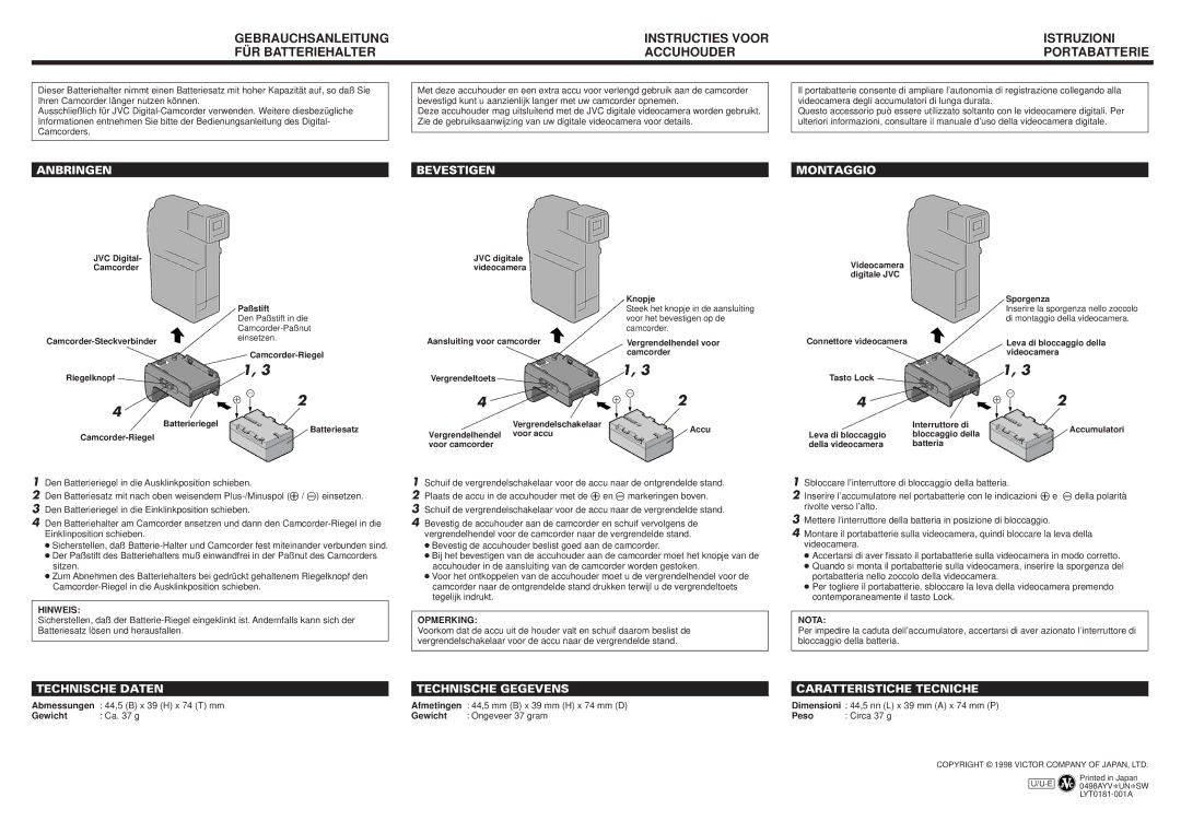 JVC U-E, CU-V615U specifications Anbringen Bevestigen Montaggio, Hinweis, Opmerking, Nota 