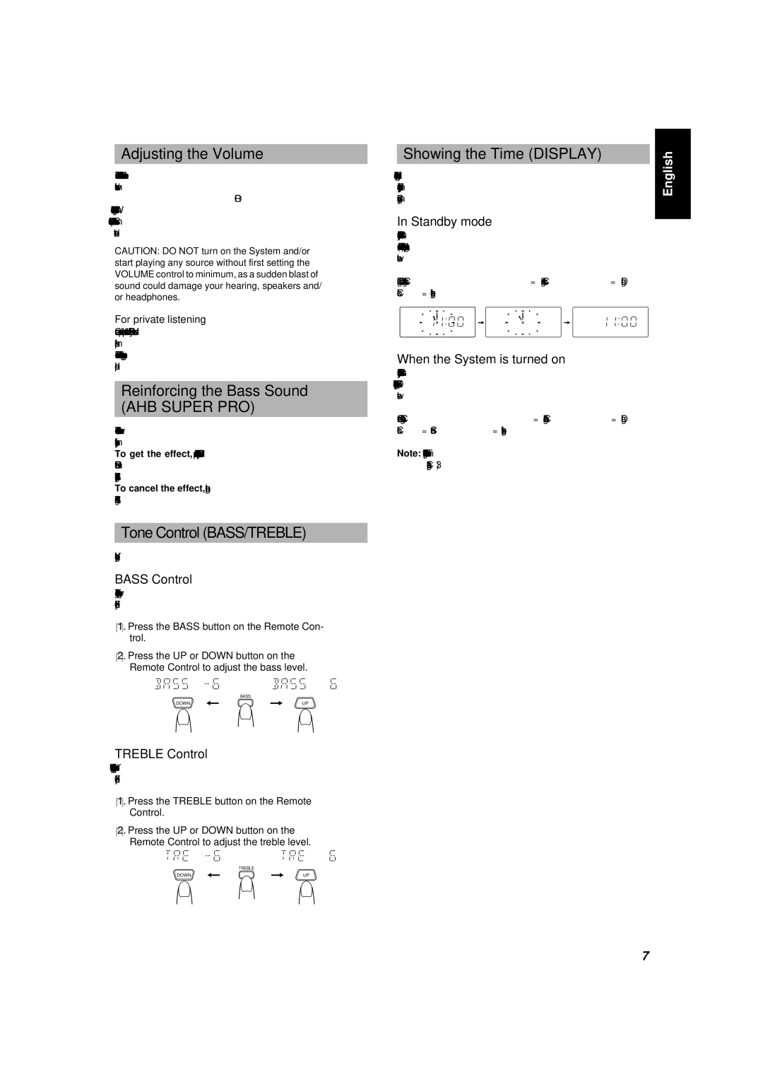 JVC UX-5000 manual Adjusting the Volume, Reinforcing the Bass Sound, Tone Control BASS/TREBLE, Showing the Time Display 