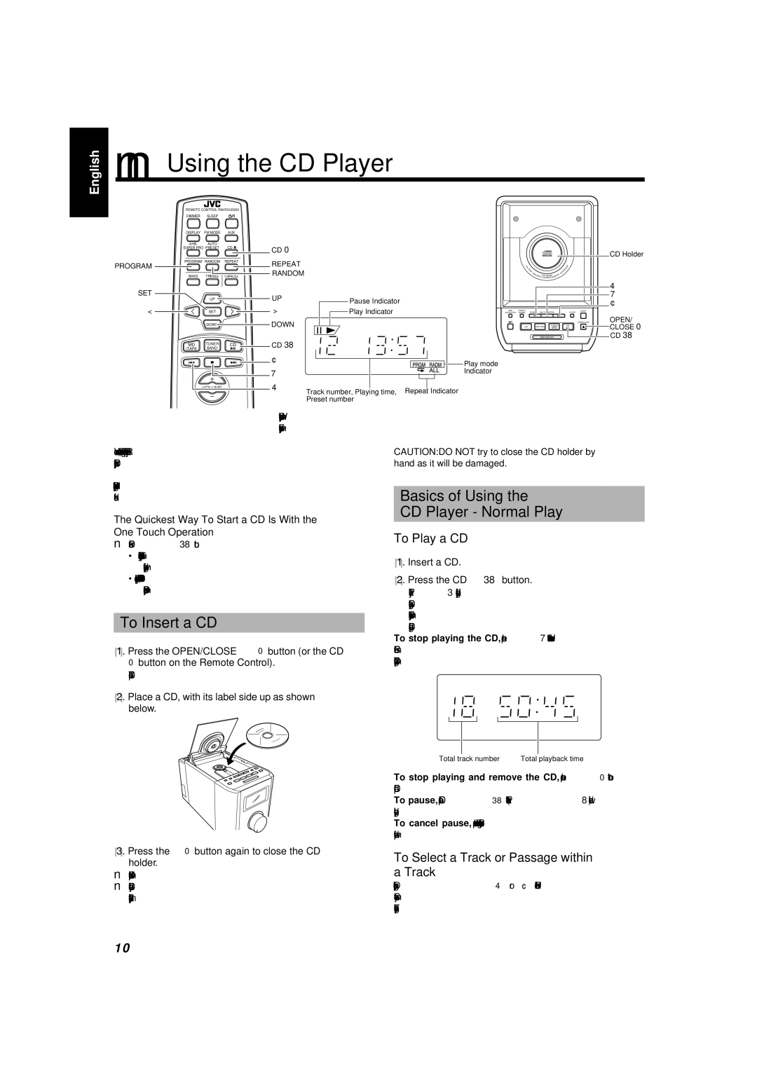 JVC UX-5000 manual Using the CD Player, To Insert a CD, Basics of Using CD Player Normal Play, To Play a CD 