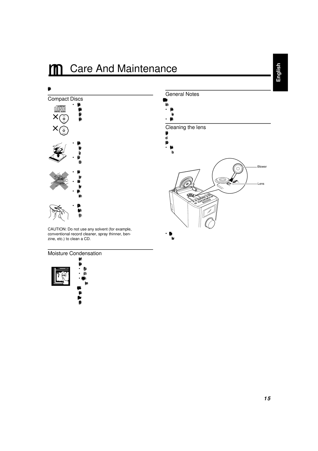 JVC UX-5000 manual Care And Maintenance, General Notes, Compact Discs, Cleaning the lens, Moisture Condensation 