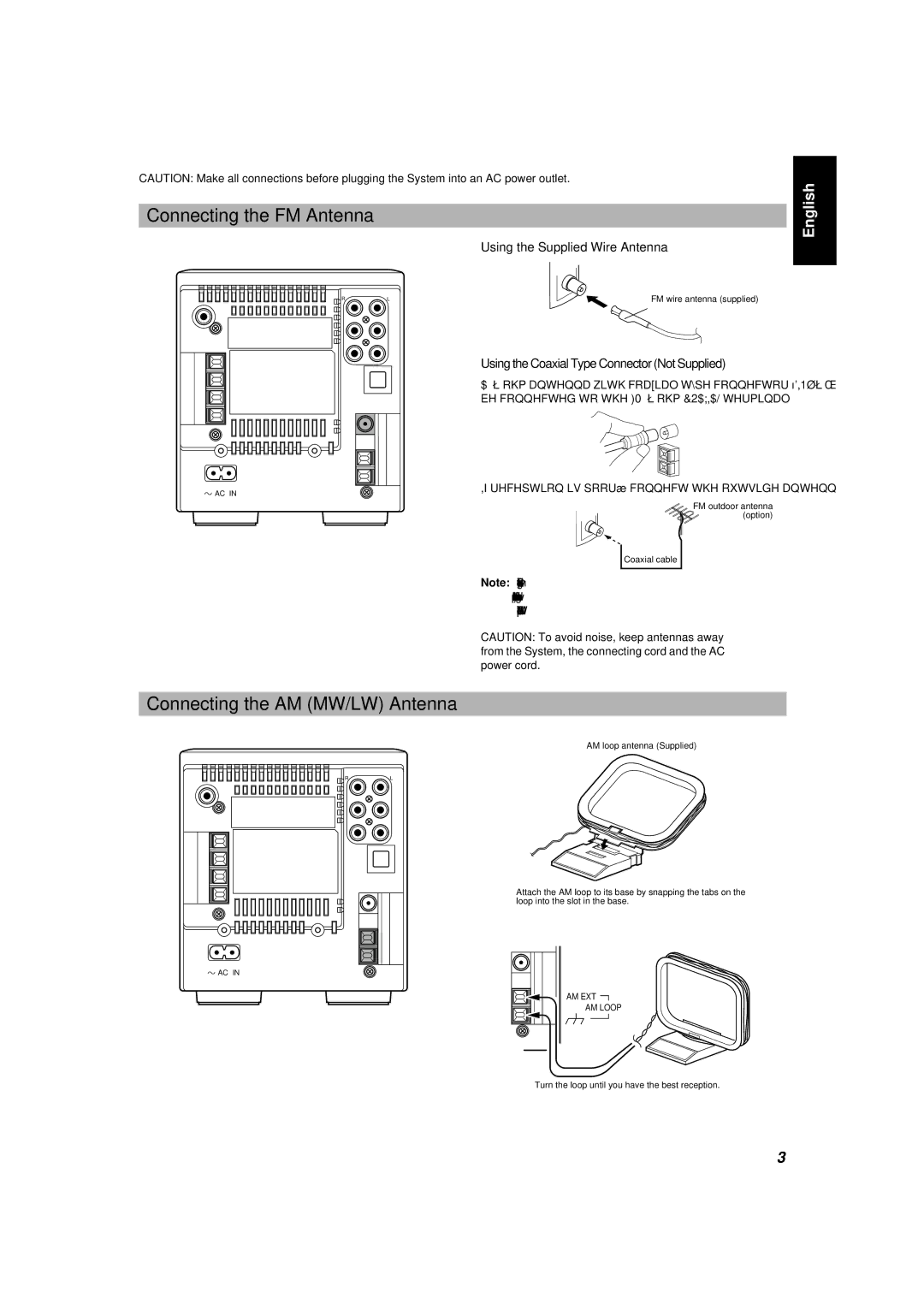 JVC UX-5000 manual Connecting the FM Antenna, Connecting the AM MW/LW Antenna, Using the Supplied Wire Antenna 