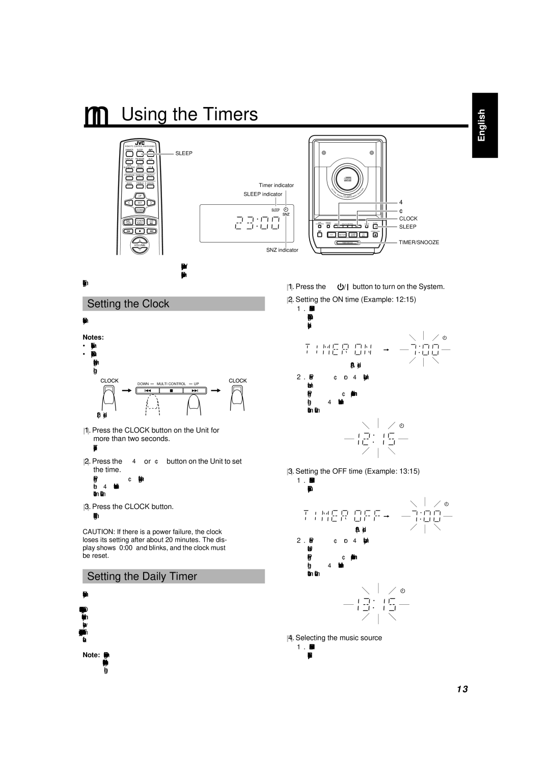 JVC UX-5000 manual Using the Timers, Setting the Clock, Setting the Daily Timer 