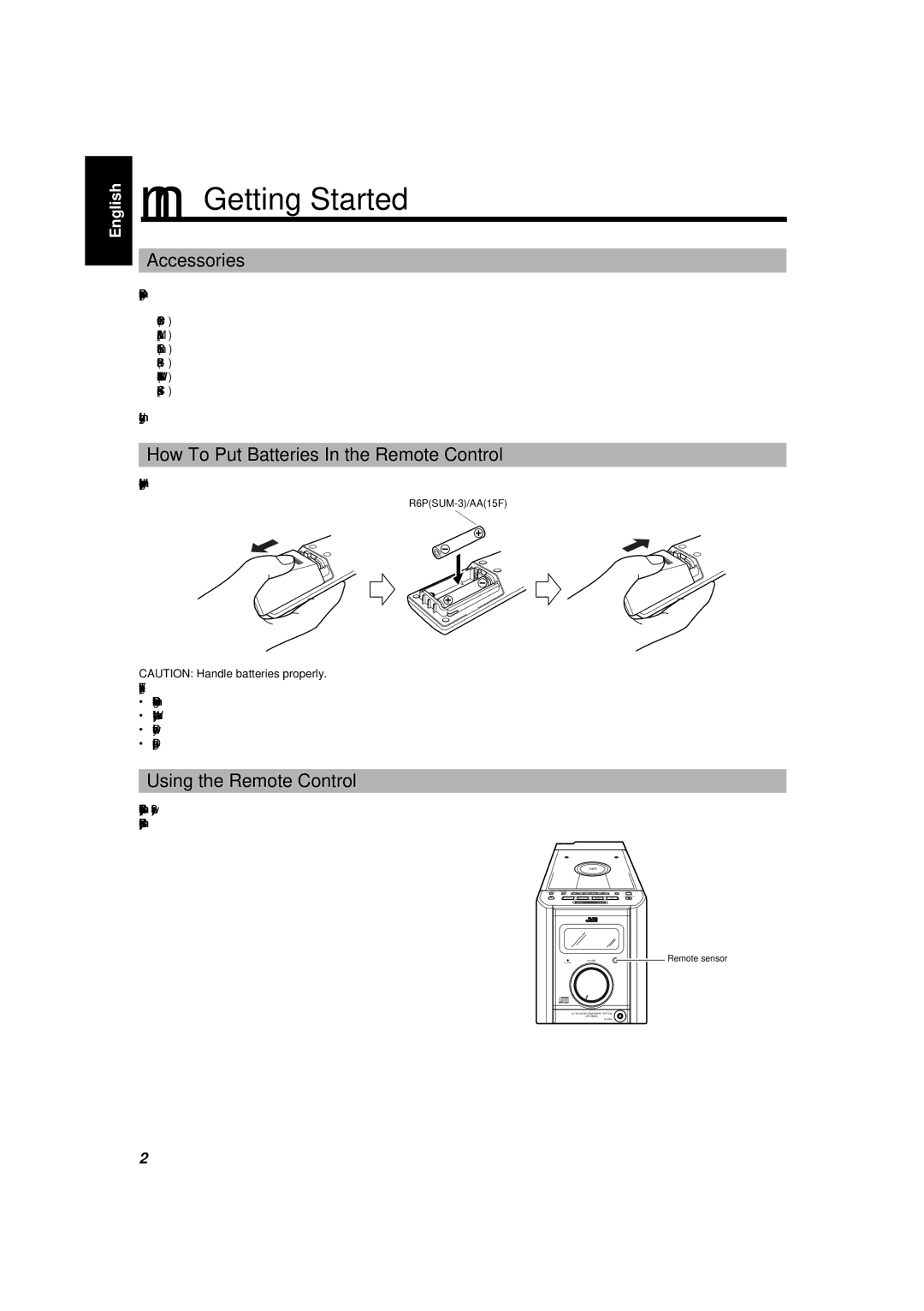 JVC UX-5000 manual Getting Started, Accessories, How To Put Batteries In the Remote Control, Using the Remote Control 