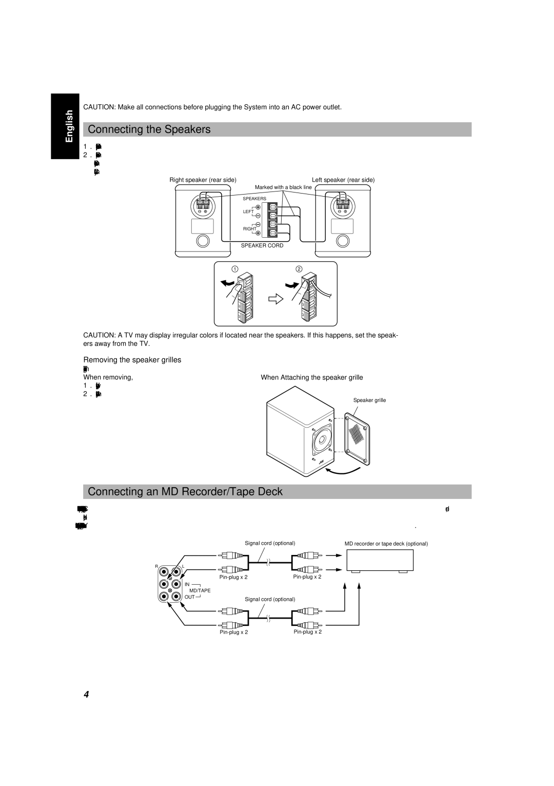 JVC UX-5000 manual Connecting the Speakers, Connecting an MD Recorder/Tape Deck, Removing the speaker grilles, Speaker Cord 