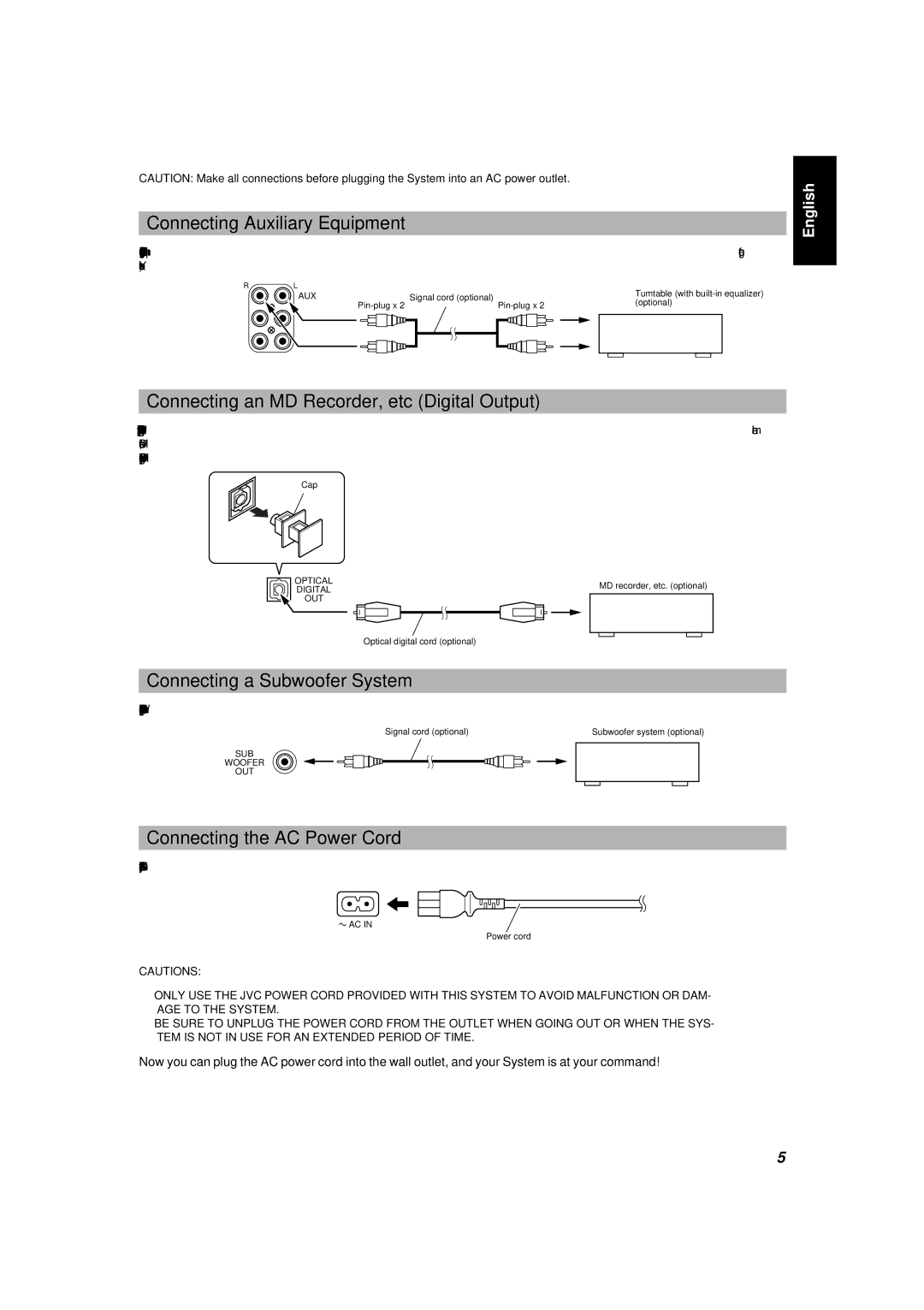 JVC UX-5000 Connecting Auxiliary Equipment, Connecting an MD Recorder, etc Digital Output, Connecting a Subwoofer System 