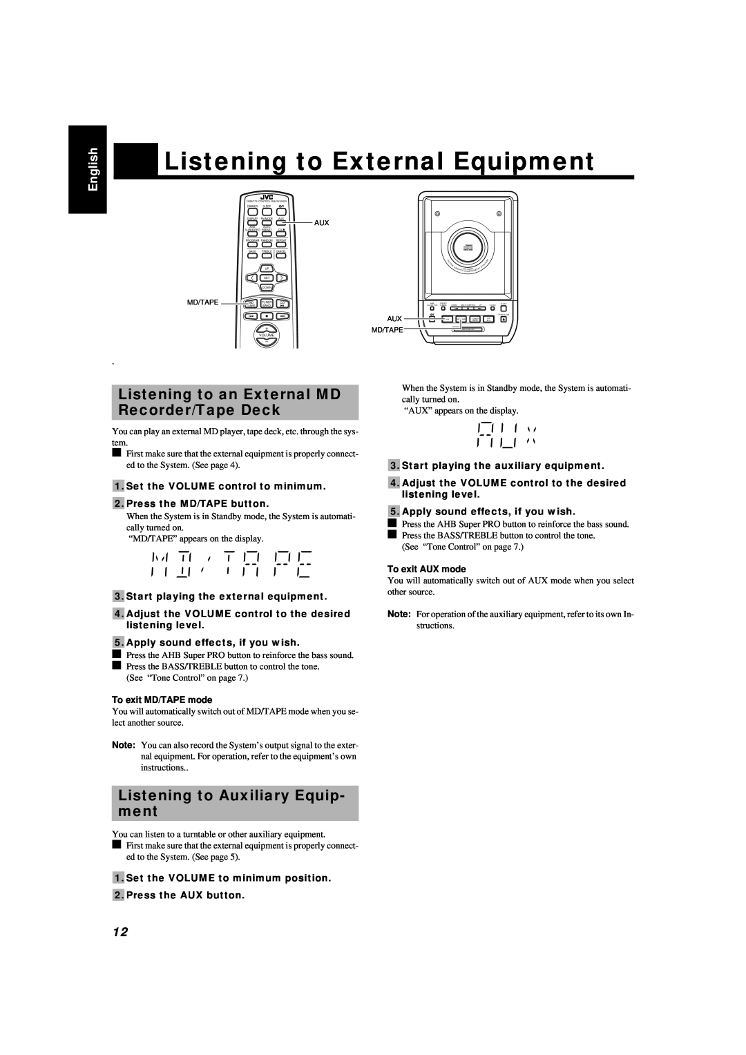 JVC UX-5000 manual Listening to External Equipment, Listening to an External MD Recorder/Tape Deck, English 