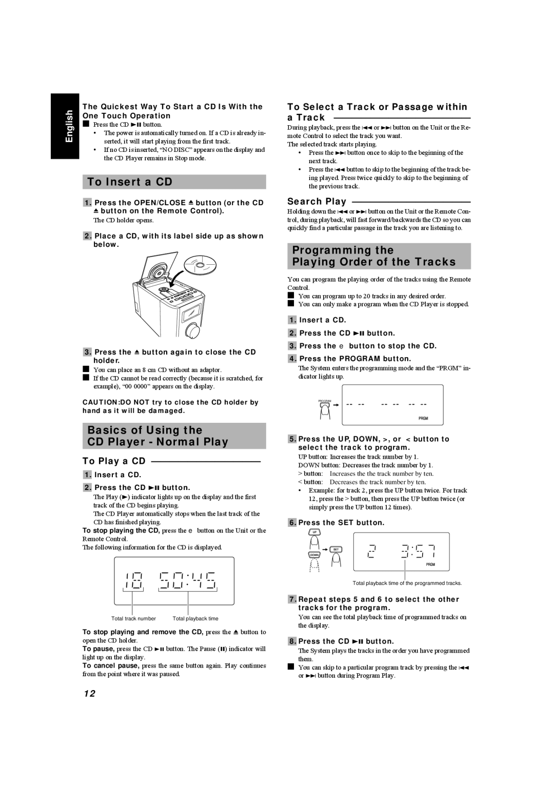 JVC UX-5500R manual To Insert a CD, Basics of Using CD Player Normal Play, Programming Playing Order of the Tracks 