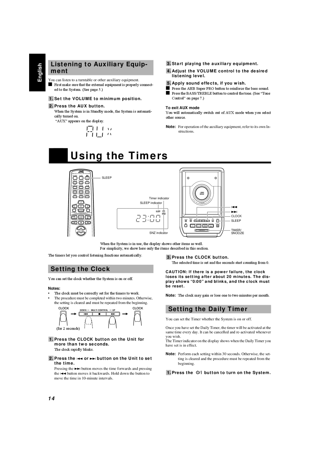 JVC UX-5500R manual Using the Timers, Listening to Auxiliary Equip- ment, Setting the Clock, Setting the Daily Timer 