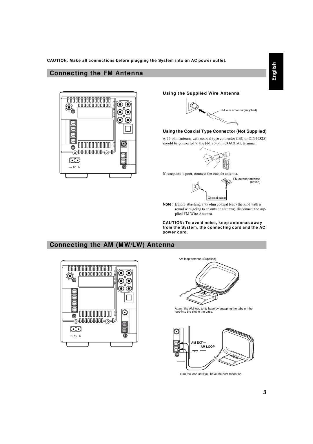 JVC UX-5500R manual Connecting the FM Antenna, Connecting the AM MW/LW Antenna, Using the Supplied Wire Antenna 