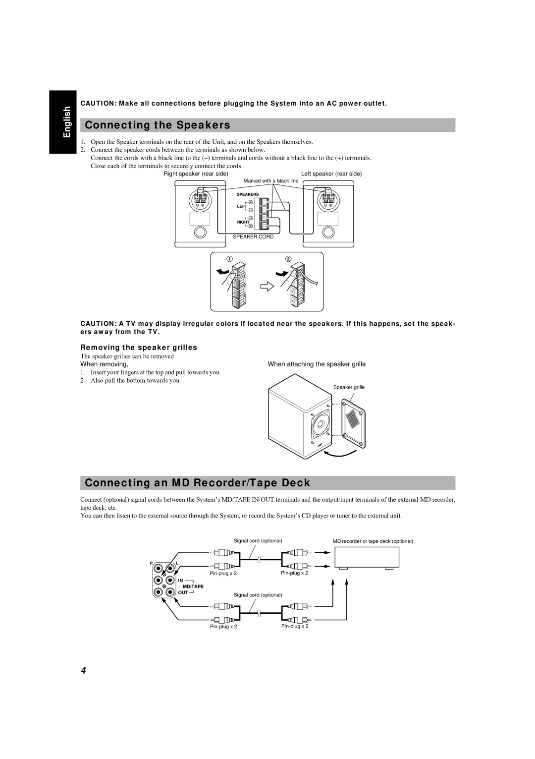 JVC UX-5500R Connecting the Speakers, Connecting an MD Recorder/Tape Deck, Removing the speaker grilles, Speaker Cord 